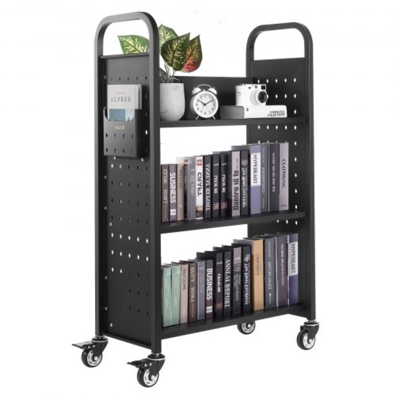 VEVOR 3-Tier Rolling Book Cart Single Sided L-Shaped Shelves Book Truck in Black