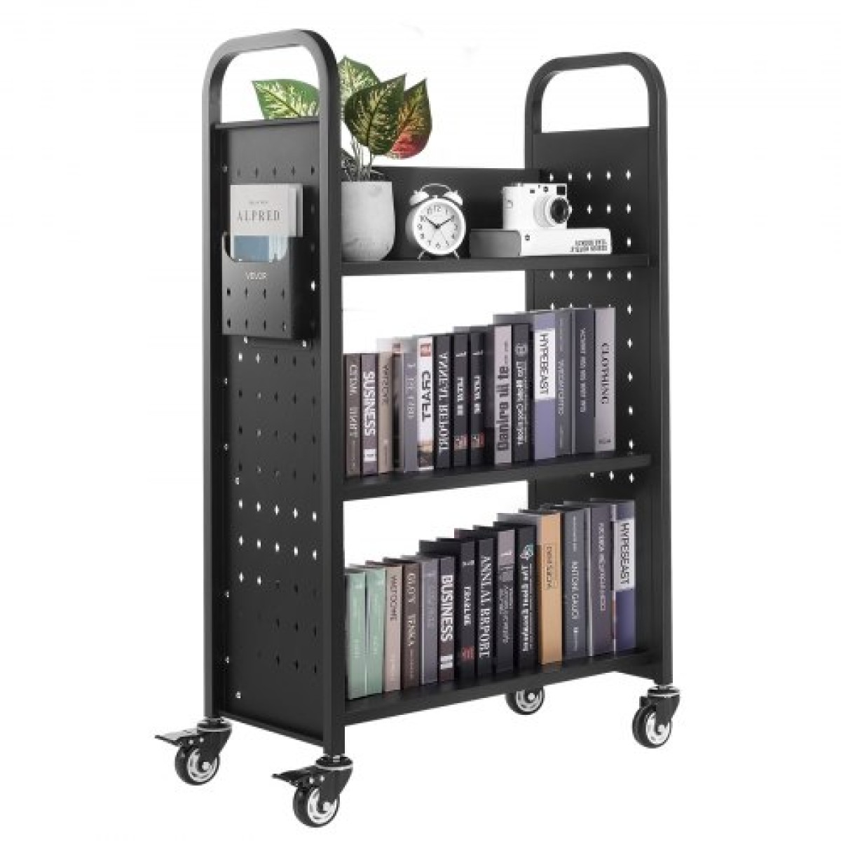 Καρότσι βιβλίων VEVOR Rolling Library, Χωρητικότητα 150 kg, 77 x 38 x 122 cm Καρότσι βιβλιοθήκης, Ράφια σε σχήμα L μονής όψης με τροχούς που κλειδώνουν 76,2 mm, φορτηγό βιβλίων για ράφια σπιτιού γραφείου και σχολείου, Μαύρο