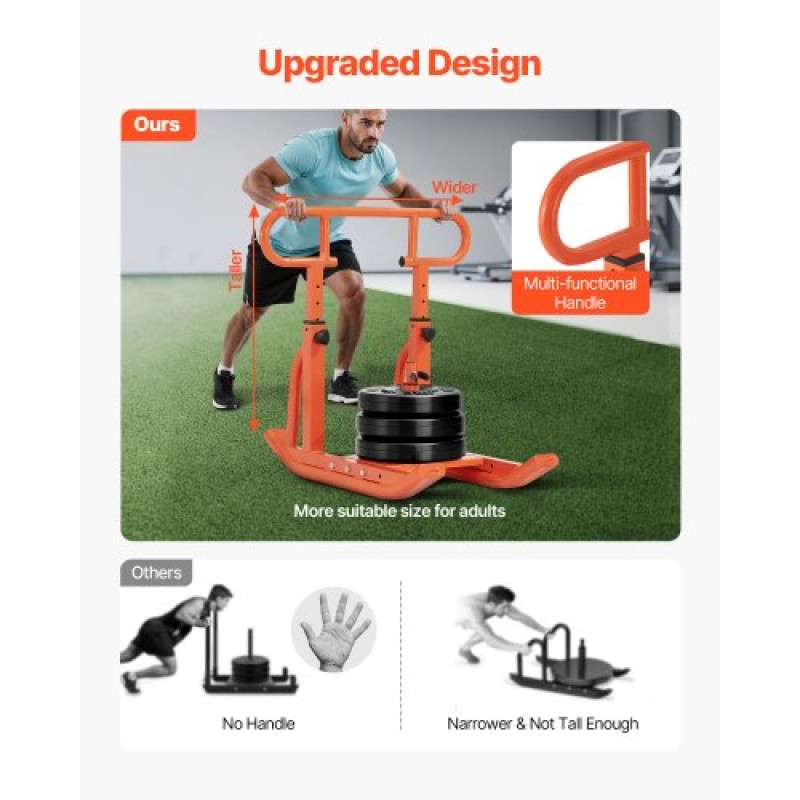 VEVOR Weight Sled, Steel Power Sled, Fitness Training Sleds for Athletic Exercise Improvement Speed, Εξοπλισμός προπόνησης με ρυθμιζόμενη λαβή ύψους, συμβατό με πλάκες βάρους 25/51 mm, πορτοκαλί