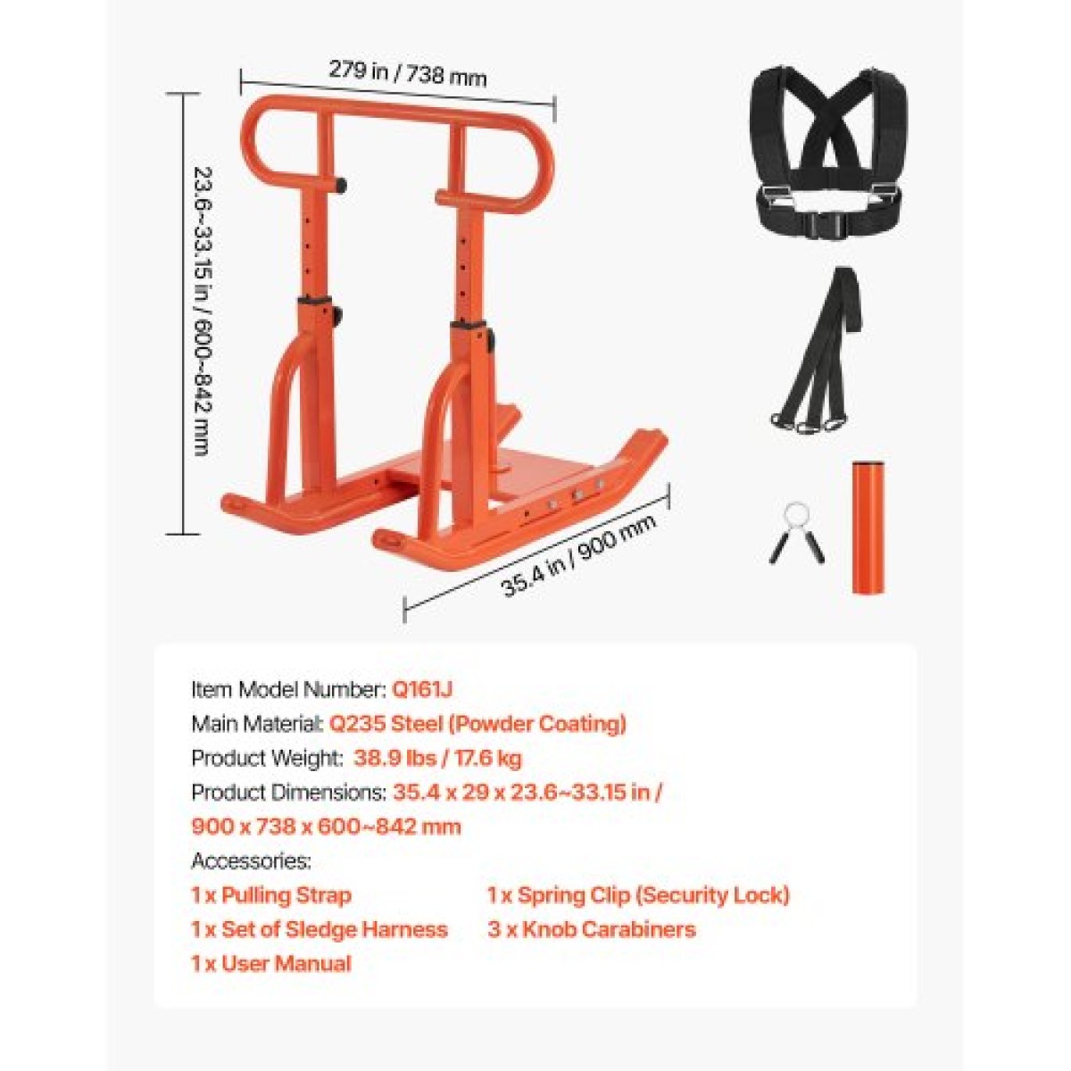VEVOR Weight Sled, Steel Power Sled, Fitness Training Sleds for Athletic Exercise Improvement Speed, Εξοπλισμός προπόνησης με ρυθμιζόμενη λαβή ύψους, συμβατό με πλάκες βάρους 25/51 mm, πορτοκαλί