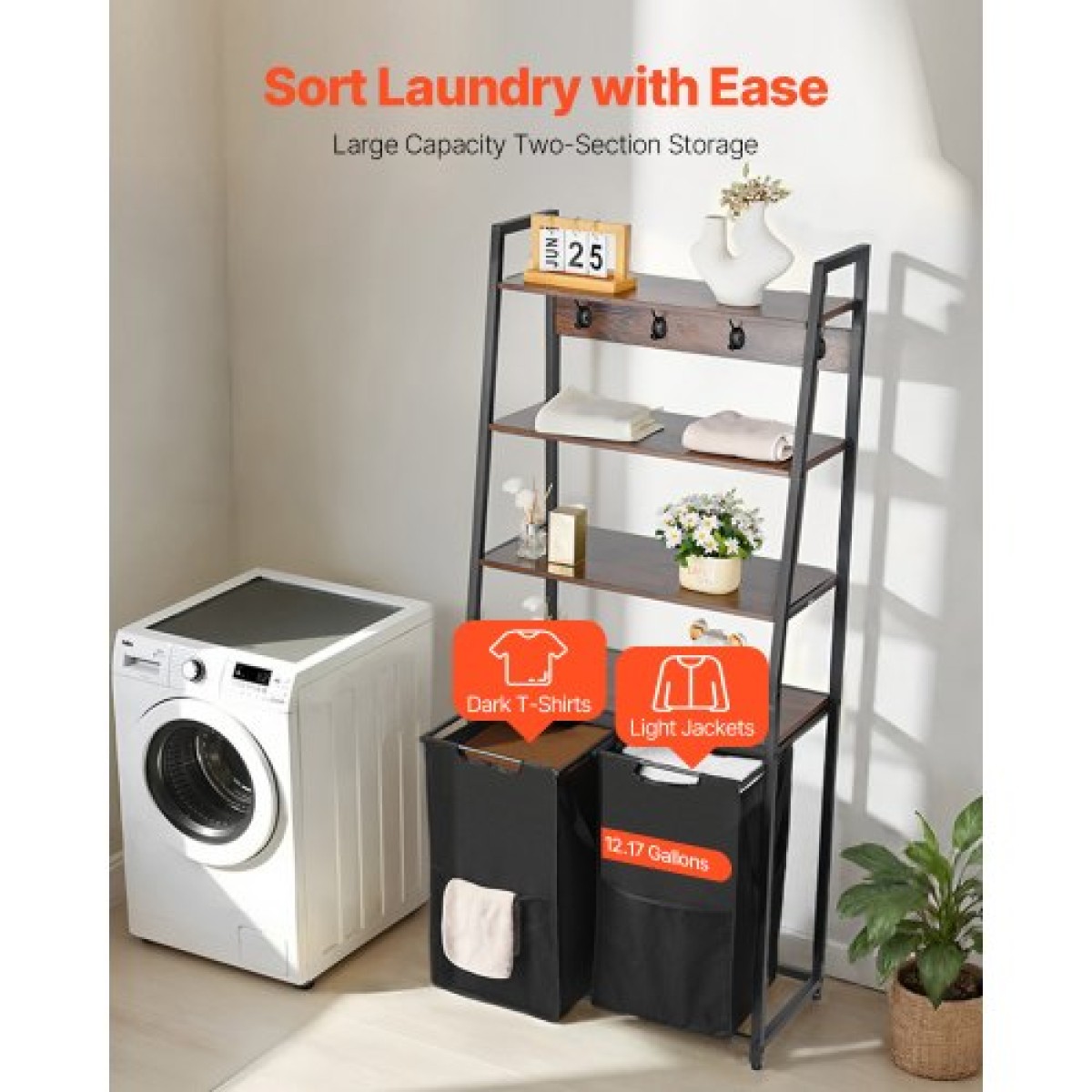 VEVOR 4 Tiers Laundry Sorter, Tall Laundry Hamper με ράφια και γάντζους, 2 τμημάτων Freestanding Basket Organizer Storage με υφασμάτινες τσάντες Oxford 600D και ράφια σκάλας για βρώμικα ρούχα, μπάνιο
