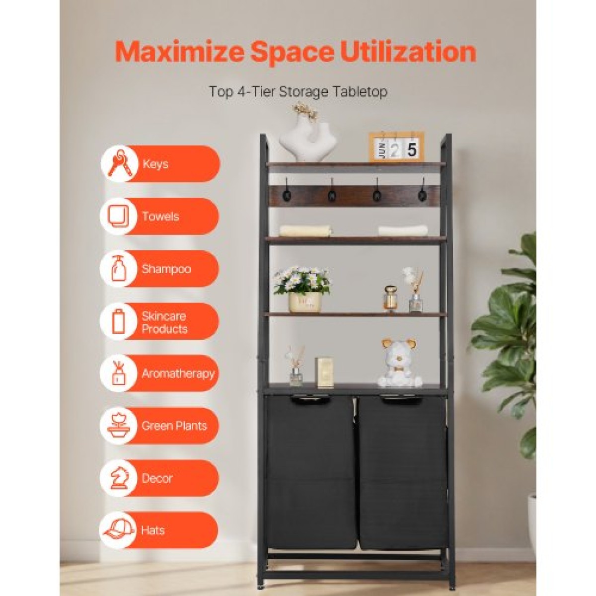 VEVOR 4 Tiers Laundry Sorter, Tall Laundry Hamper με ράφια και γάντζους, 2 τμημάτων Freestanding Basket Organizer Storage με υφασμάτινες τσάντες Oxford 600D και ράφια σκάλας για βρώμικα ρούχα, μπάνιο