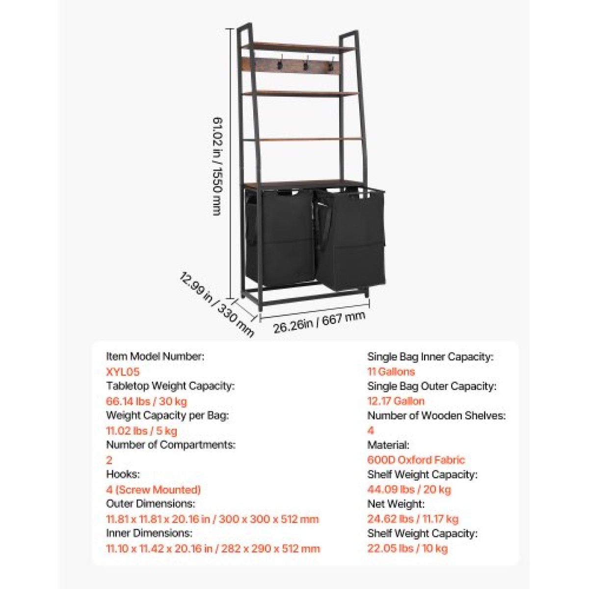 VEVOR 4 Tiers Laundry Sorter, Tall Laundry Hamper με ράφια και γάντζους, 2 τμημάτων Freestanding Basket Organizer Storage με υφασμάτινες τσάντες Oxford 600D και ράφια σκάλας για βρώμικα ρούχα, μπάνιο