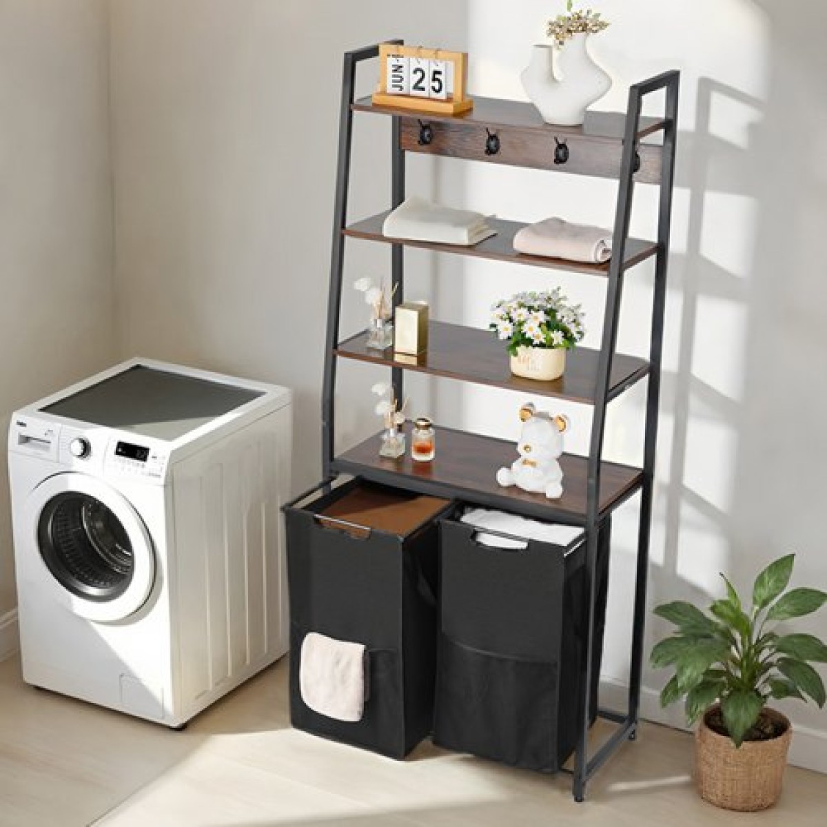 VEVOR 4 Tiers Laundry Sorter, Tall Laundry Hamper με ράφια και γάντζους, 2 τμημάτων Freestanding Basket Organizer Storage με υφασμάτινες τσάντες Oxford 600D και ράφια σκάλας για βρώμικα ρούχα, μπάνιο