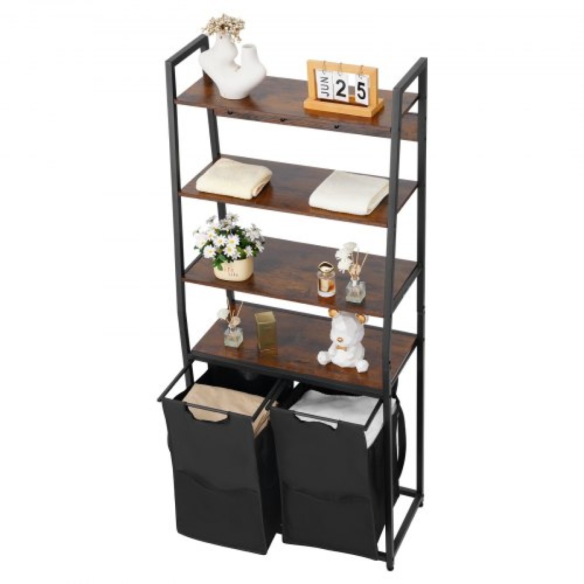 VEVOR 4 Tiers Laundry Sorter, Tall Laundry Hamper με ράφια και γάντζους, 2 τμημάτων Freestanding Basket Organizer Storage με υφασμάτινες τσάντες Oxford 600D και ράφια σκάλας για βρώμικα ρούχα, μπάνιο