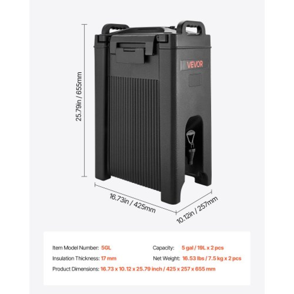 VEVOR Insulated Beverage Dispenser, 5 Gal/19L Server για ζεστά και κρύα ποτά με Spigot & Handle, Food-Grade Thermal Drink Dispenser Cooler for Tea Coffee Water in Cafes & Restaurants, 2 Pack, Black