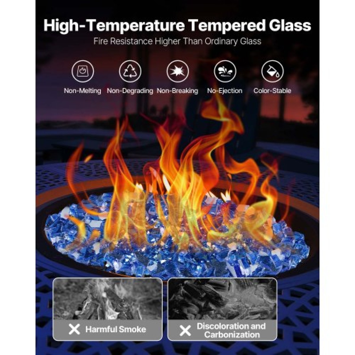 VEVOR Fire Glass, 10LBS / 4,5KG Βράχοι τζακιού ανθεκτικοί σε υψηλές θερμοκρασίες, 1/4 ίντσας / 6,35 mm Reflektive & Smokeless Firepit Glass Rock, High Luster Stone Landscaping for Fire Pit Table, Cobalt Blue