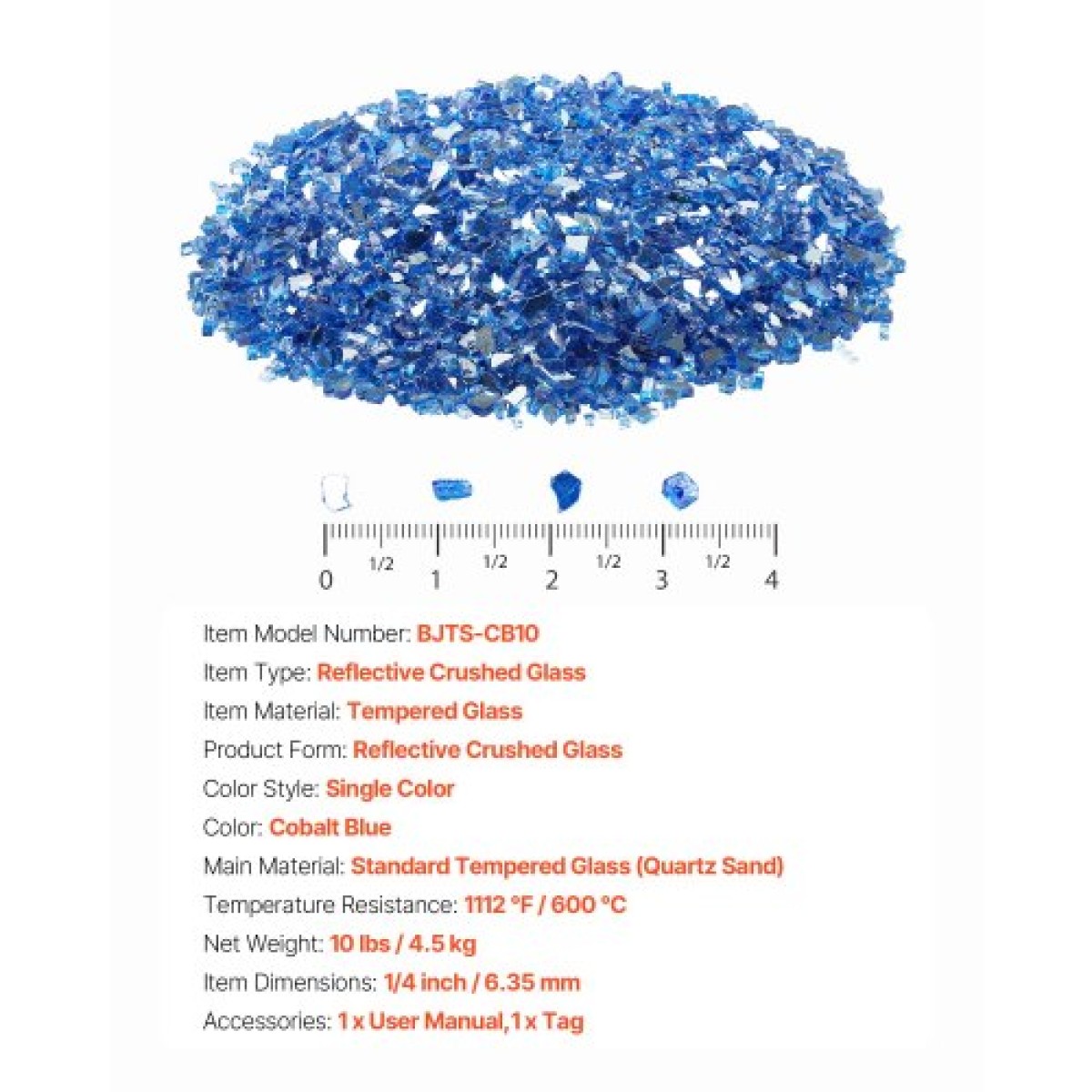 VEVOR Fire Glass, 10LBS / 4,5KG Βράχοι τζακιού ανθεκτικοί σε υψηλές θερμοκρασίες, 1/4 ίντσας / 6,35 mm Reflektive & Smokeless Firepit Glass Rock, High Luster Stone Landscaping for Fire Pit Table, Cobalt Blue