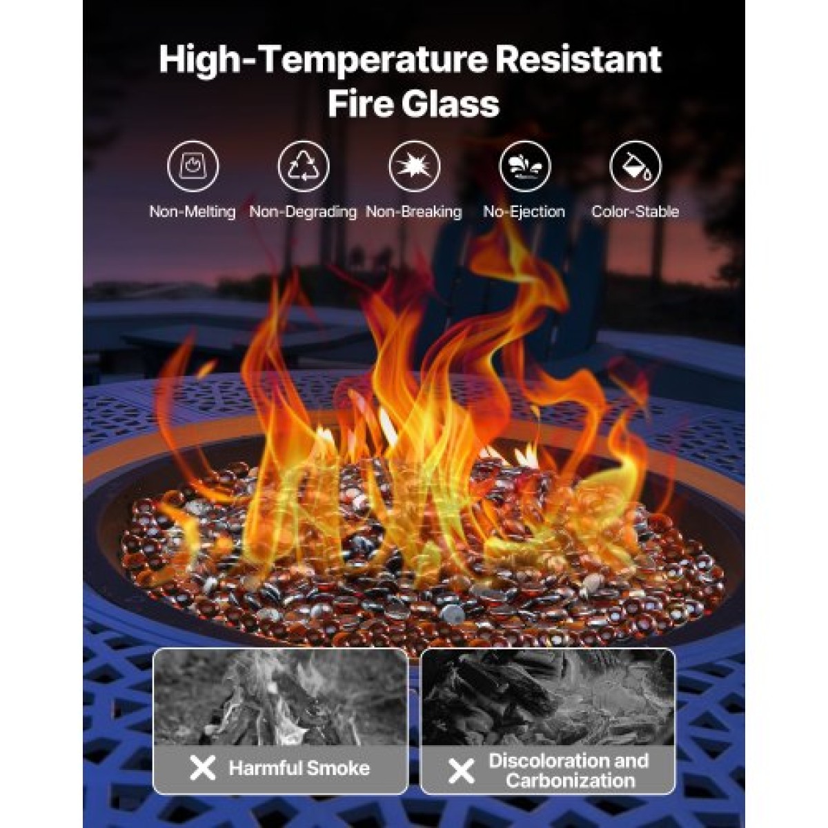 VEVOR Fire Glass, 10LBS / 4,5KG Βράχοι τζακιού ανθεκτικοί σε υψηλές θερμοκρασίες, 3/4 ίντσες / 19,05 mm αντανακλαστικές και άκαπνες γυάλινες χάντρες, πέτρινο τοπίο υψηλής λάμψης για τραπέζι πυρκαγιάς, πλούσιο πορτοκαλί