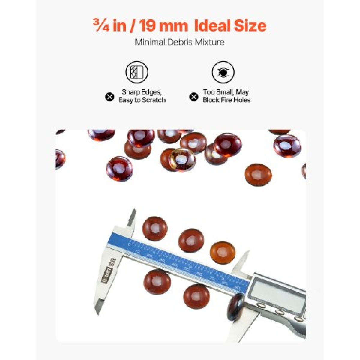 VEVOR Fire Glass, 10LBS / 4,5KG Βράχοι τζακιού ανθεκτικοί σε υψηλές θερμοκρασίες, 3/4 ίντσες / 19,05 mm αντανακλαστικές και άκαπνες γυάλινες χάντρες, πέτρινο τοπίο υψηλής λάμψης για τραπέζι πυρκαγιάς, πλούσιο πορτοκαλί