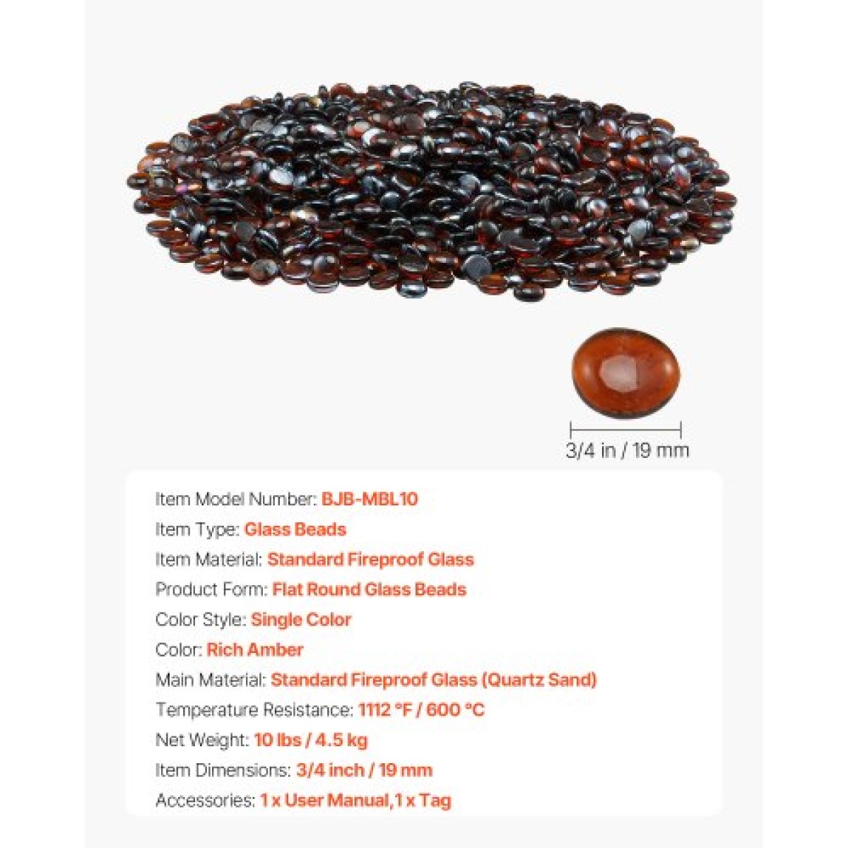 VEVOR Fire Glass, 10LBS / 4,5KG Βράχοι τζακιού ανθεκτικοί σε υψηλές θερμοκρασίες, 3/4 ίντσες / 19,05 mm αντανακλαστικές και άκαπνες γυάλινες χάντρες, πέτρινο τοπίο υψηλής λάμψης για τραπέζι πυρκαγιάς, πλούσιο πορτοκαλί