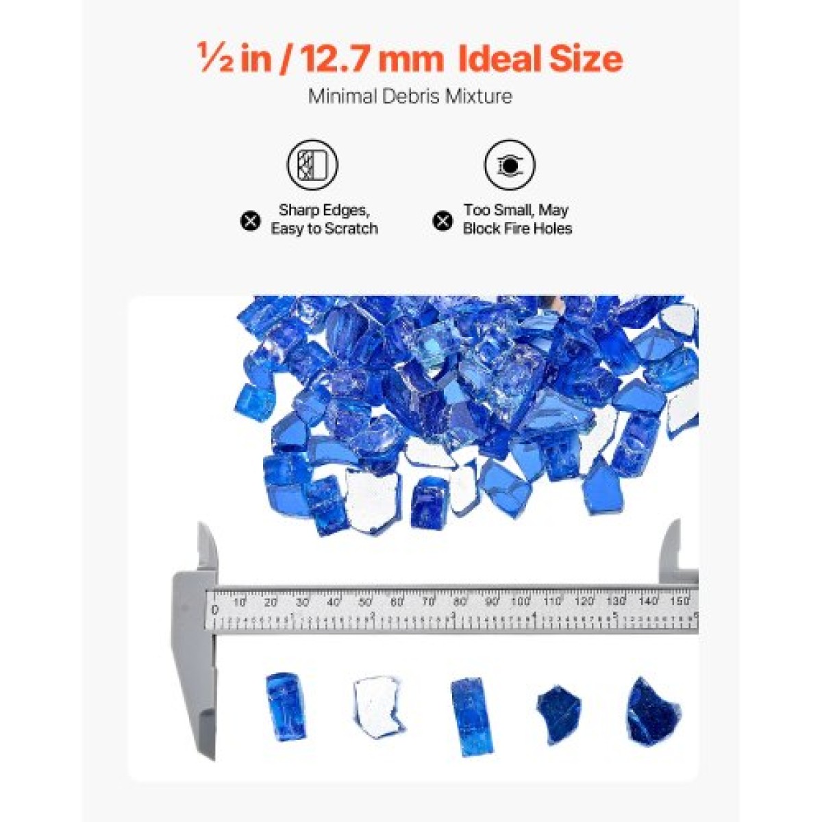 VEVOR Fire Glass, 20LBS / 9KG Βράχοι τζακιού ανθεκτικοί σε υψηλές θερμοκρασίες, 1/2 ίντσας / 12,7 mm Reflective & Smokeless Firepit Glass Rock, High Luster Stone Landscaping for Fire Pit Table, Cobalt Blue