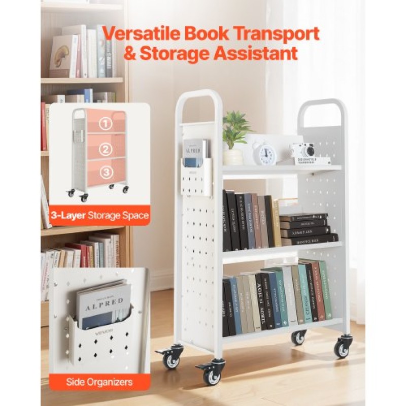 VEVOR 3-Tier Rolling Book Cart Single Sided V-Shaped Shelves Book Truck in White