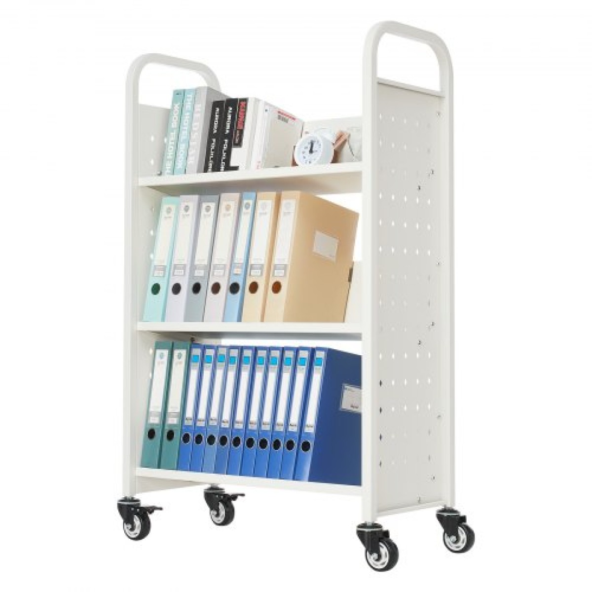 Καρότσι βιβλίων VEVOR Rolling Library, Χωρητικότητα 150 kg, 77 x 38 x 122 cm Καρότσι βιβλιοθήκης, Ράφια μονής όψης σε σχήμα V με ρόδες 76,2 mm που κλειδώνουν, φορτηγό βιβλίων για ράφια σπιτιού γραφείου και σχολείου, Λευκό