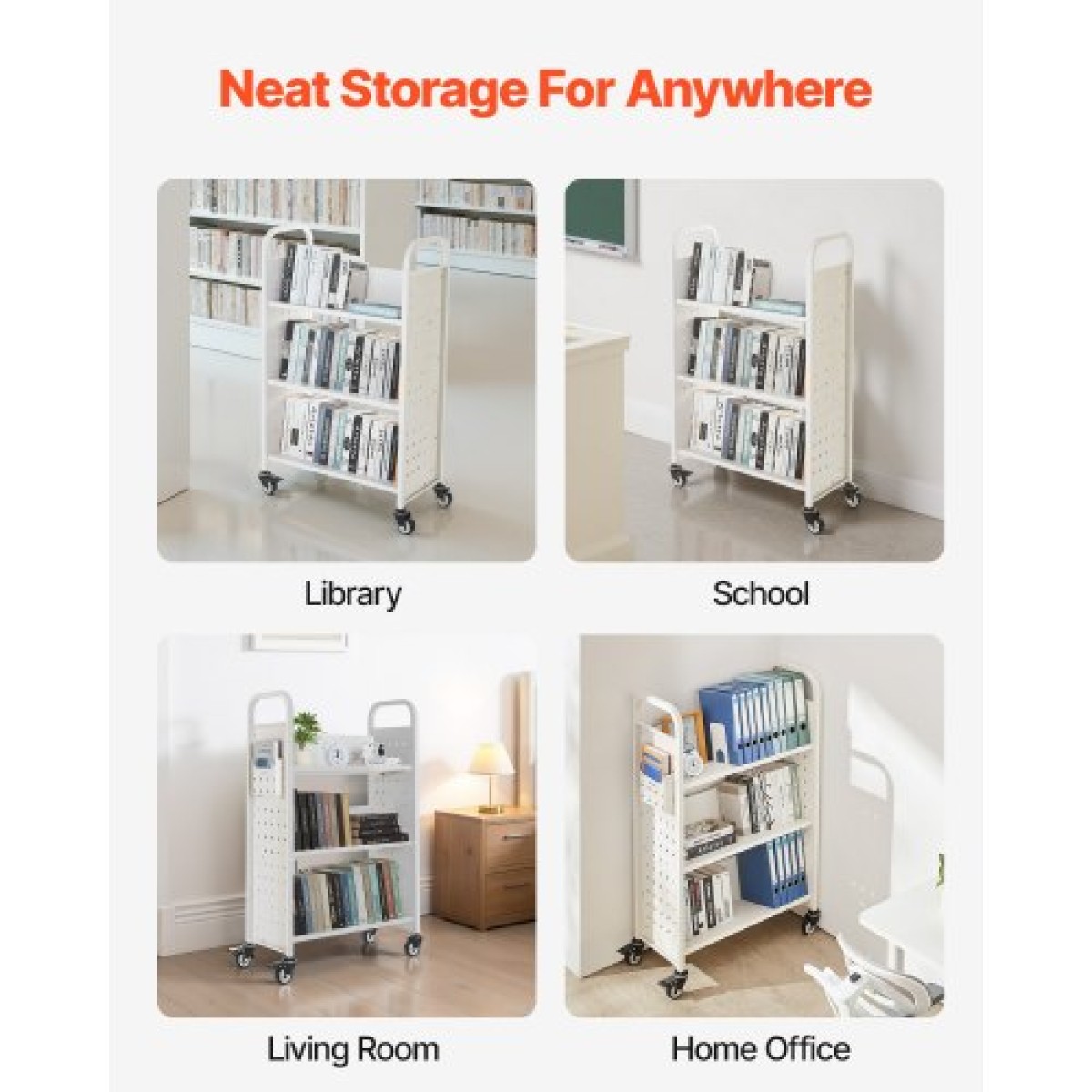 Καρότσι βιβλίων VEVOR Rolling Library, Χωρητικότητα 150 kg, 77 x 38 x 122 cm Καρότσι βιβλιοθήκης, Ράφια μονής όψης σε σχήμα V με ρόδες 76,2 mm που κλειδώνουν, φορτηγό βιβλίων για ράφια σπιτιού γραφείου και σχολείου, Λευκό