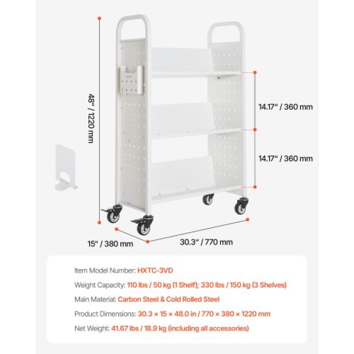 Καρότσι βιβλίων VEVOR Rolling Library, Χωρητικότητα 150 kg, 77 x 38 x 122 cm Καρότσι βιβλιοθήκης, Ράφια μονής όψης σε σχήμα V με ρόδες 76,2 mm που κλειδώνουν, φορτηγό βιβλίων για ράφια σπιτιού γραφείου και σχολείου, Λευκό