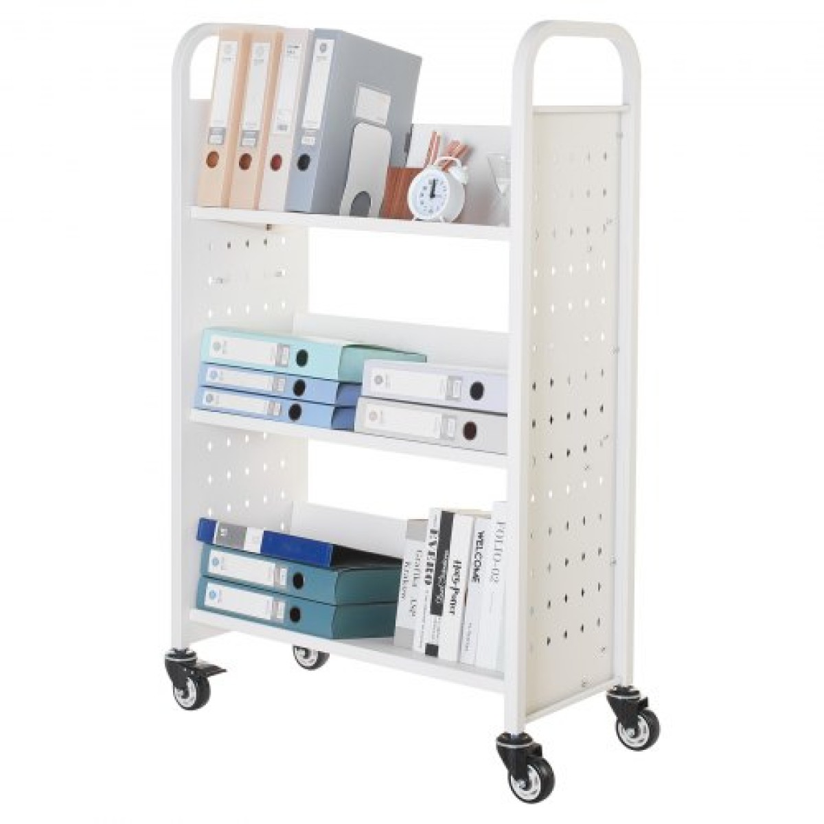 Καρότσι βιβλίων VEVOR Rolling Library, Χωρητικότητα 150 kg, 77 x 38 x 122 cm Καρότσι βιβλιοθήκης, Ράφια μονής όψης σε σχήμα V με ρόδες 76,2 mm που κλειδώνουν, φορτηγό βιβλίων για ράφια σπιτιού γραφείου και σχολείου, Λευκό