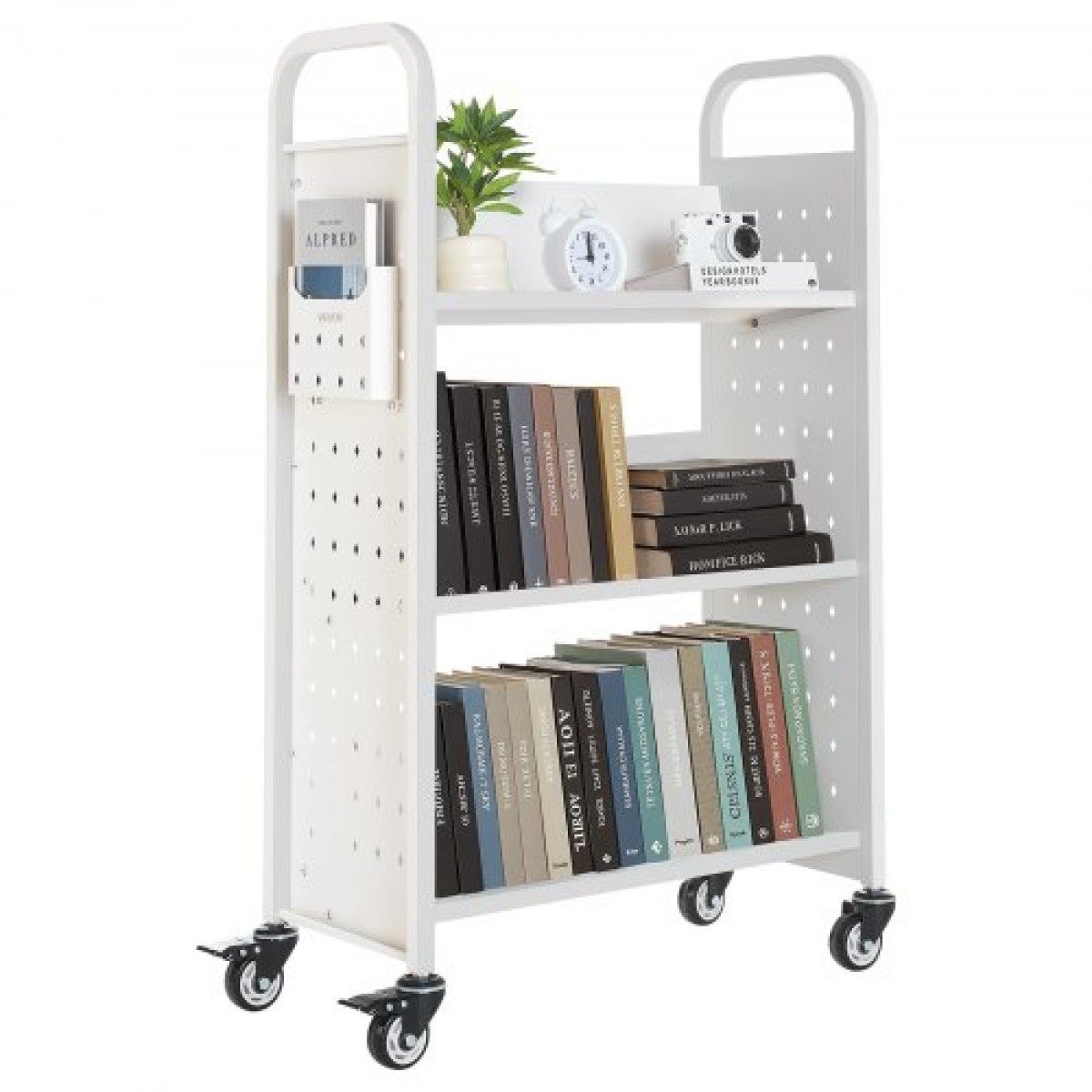 Καρότσι βιβλίων VEVOR Rolling Library, Χωρητικότητα 150 kg, 77 x 38 x 122 cm Καρότσι βιβλιοθήκης, Ράφια μονής όψης σε σχήμα V με ρόδες 76,2 mm που κλειδώνουν, φορτηγό βιβλίων για ράφια σπιτιού γραφείου και σχολείου, Λευκό