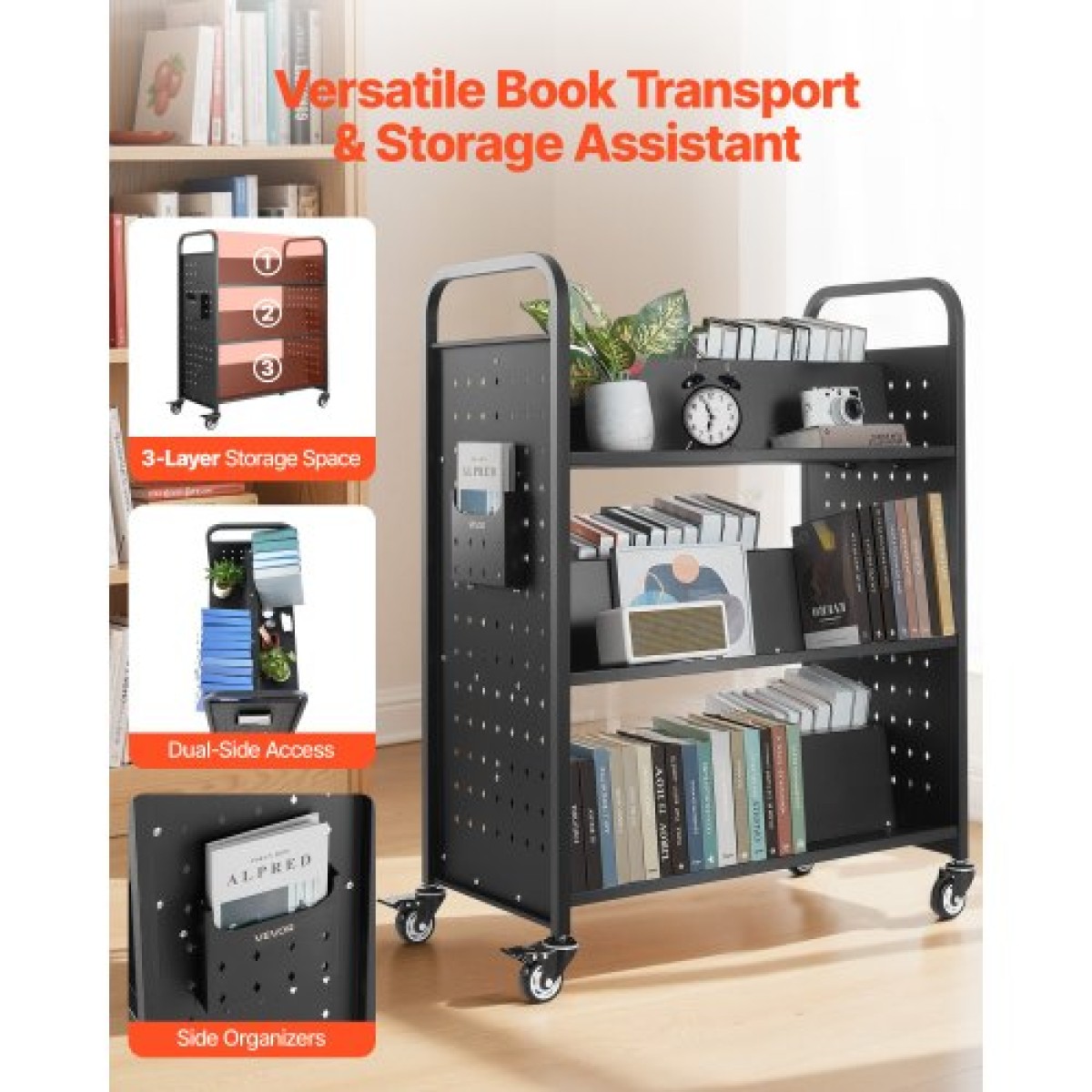 Καρότσι βιβλίων VEVOR Rolling Library, Χωρητικότητα 150 kg, 97 x 51,5 x 122,5 cm Καρότσι βιβλιοθήκης, Ράφια διπλής όψης σε σχήμα W με 76,2 mm που κλειδώνουν τροχούς, φορτηγό βιβλίων για ράφια σπιτιού γραφείου και σχολείου, μαύρο