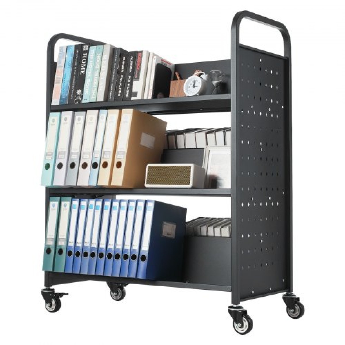 Καρότσι βιβλίων VEVOR Rolling Library, Χωρητικότητα 150 kg, 97 x 51,5 x 122,5 cm Καρότσι βιβλιοθήκης, Ράφια διπλής όψης σε σχήμα W με 76,2 mm που κλειδώνουν τροχούς, φορτηγό βιβλίων για ράφια σπιτιού γραφείου και σχολείου, μαύρο