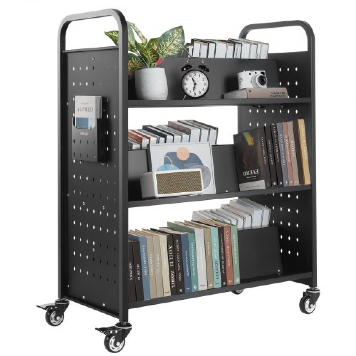 Καρότσι βιβλίων VEVOR Rolling Library, Χωρητικότητα 150 kg, 97 x 51,5 x 122,5 cm Καρότσι βιβλιοθήκης, Ράφια διπλής όψης σε σχήμα W με 76,2 mm που κλειδώνουν τροχούς, φορτηγό βιβλίων για ράφια σπιτιού γραφείου και σχολείου, μαύρο