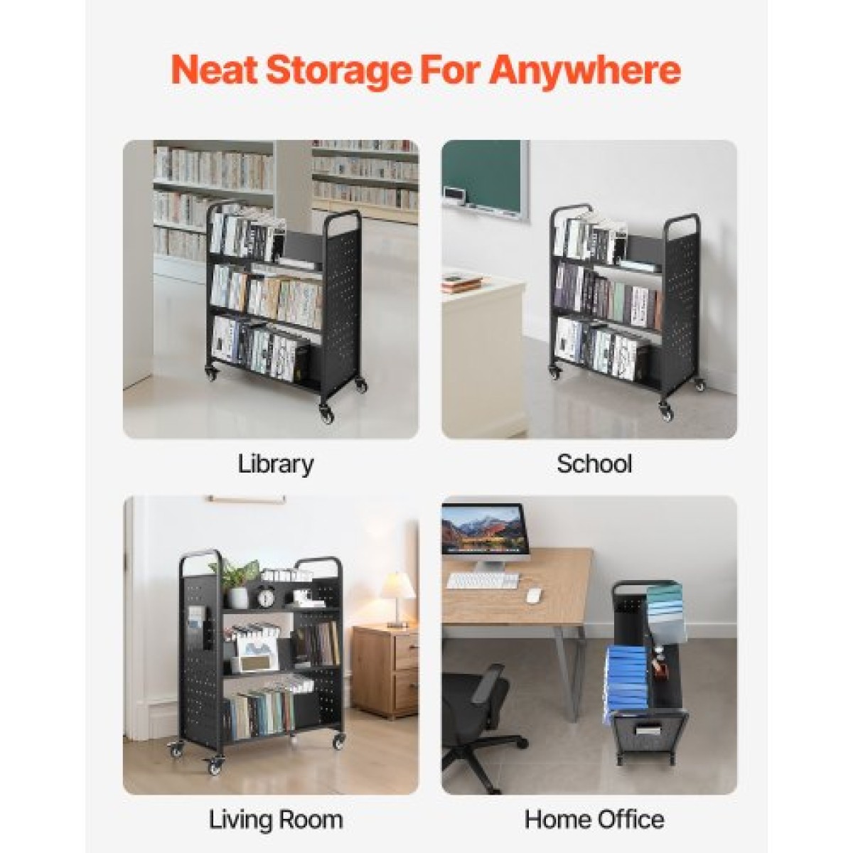 Καρότσι βιβλίων VEVOR Rolling Library, Χωρητικότητα 150 kg, 97 x 51,5 x 122,5 cm Καρότσι βιβλιοθήκης, Ράφια διπλής όψης σε σχήμα W με 76,2 mm που κλειδώνουν τροχούς, φορτηγό βιβλίων για ράφια σπιτιού γραφείου και σχολείου, μαύρο