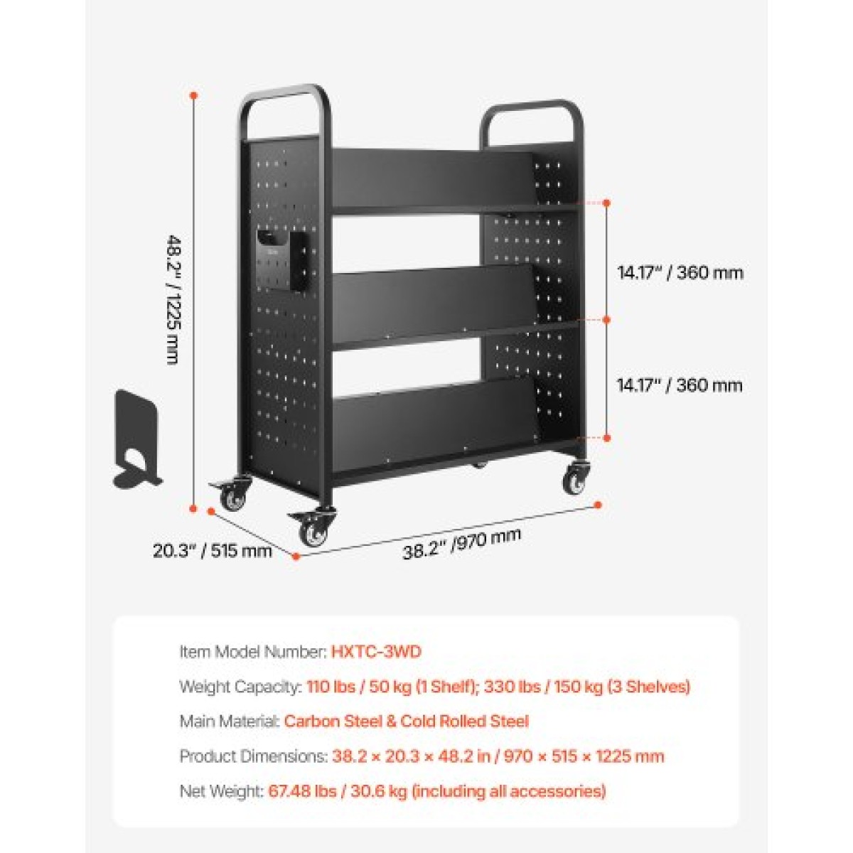 Καρότσι βιβλίων VEVOR Rolling Library, Χωρητικότητα 150 kg, 97 x 51,5 x 122,5 cm Καρότσι βιβλιοθήκης, Ράφια διπλής όψης σε σχήμα W με 76,2 mm που κλειδώνουν τροχούς, φορτηγό βιβλίων για ράφια σπιτιού γραφείου και σχολείου, μαύρο