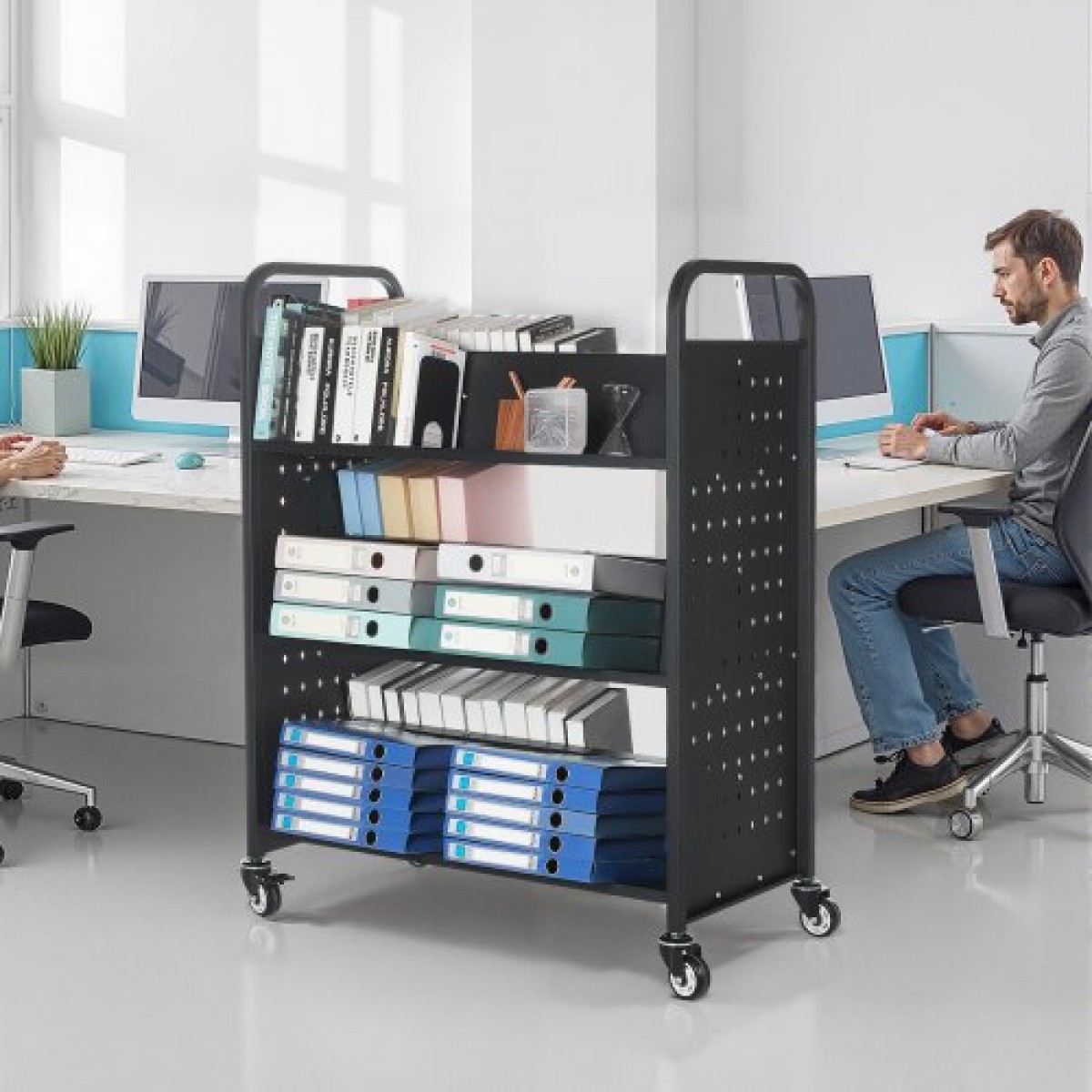Καρότσι βιβλίων VEVOR Rolling Library, Χωρητικότητα 150 kg, 97 x 51,5 x 122,5 cm Καρότσι βιβλιοθήκης, Ράφια διπλής όψης σε σχήμα W με 76,2 mm που κλειδώνουν τροχούς, φορτηγό βιβλίων για ράφια σπιτιού γραφείου και σχολείου, μαύρο