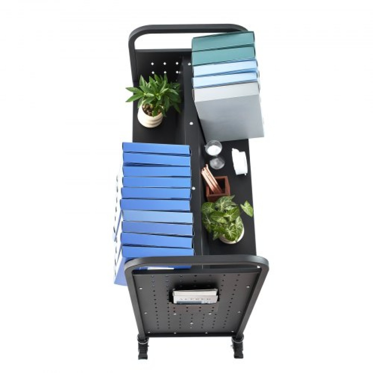 Καρότσι βιβλίων VEVOR Rolling Library, Χωρητικότητα 150 kg, 97 x 51,5 x 122,5 cm Καρότσι βιβλιοθήκης, Ράφια διπλής όψης σε σχήμα W με 76,2 mm που κλειδώνουν τροχούς, φορτηγό βιβλίων για ράφια σπιτιού γραφείου και σχολείου, μαύρο
