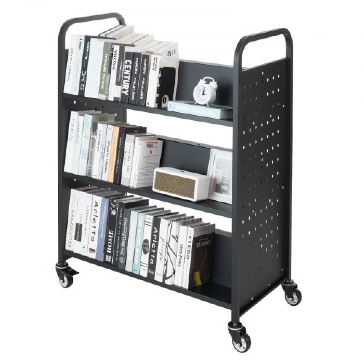 Καρότσι βιβλίων VEVOR Rolling Library, Χωρητικότητα 150 kg, 97 x 51,5 x 122,5 cm Καρότσι βιβλιοθήκης, Ράφια διπλής όψης σε σχήμα W με 76,2 mm που κλειδώνουν τροχούς, φορτηγό βιβλίων για ράφια σπιτιού γραφείου και σχολείου, μαύρο