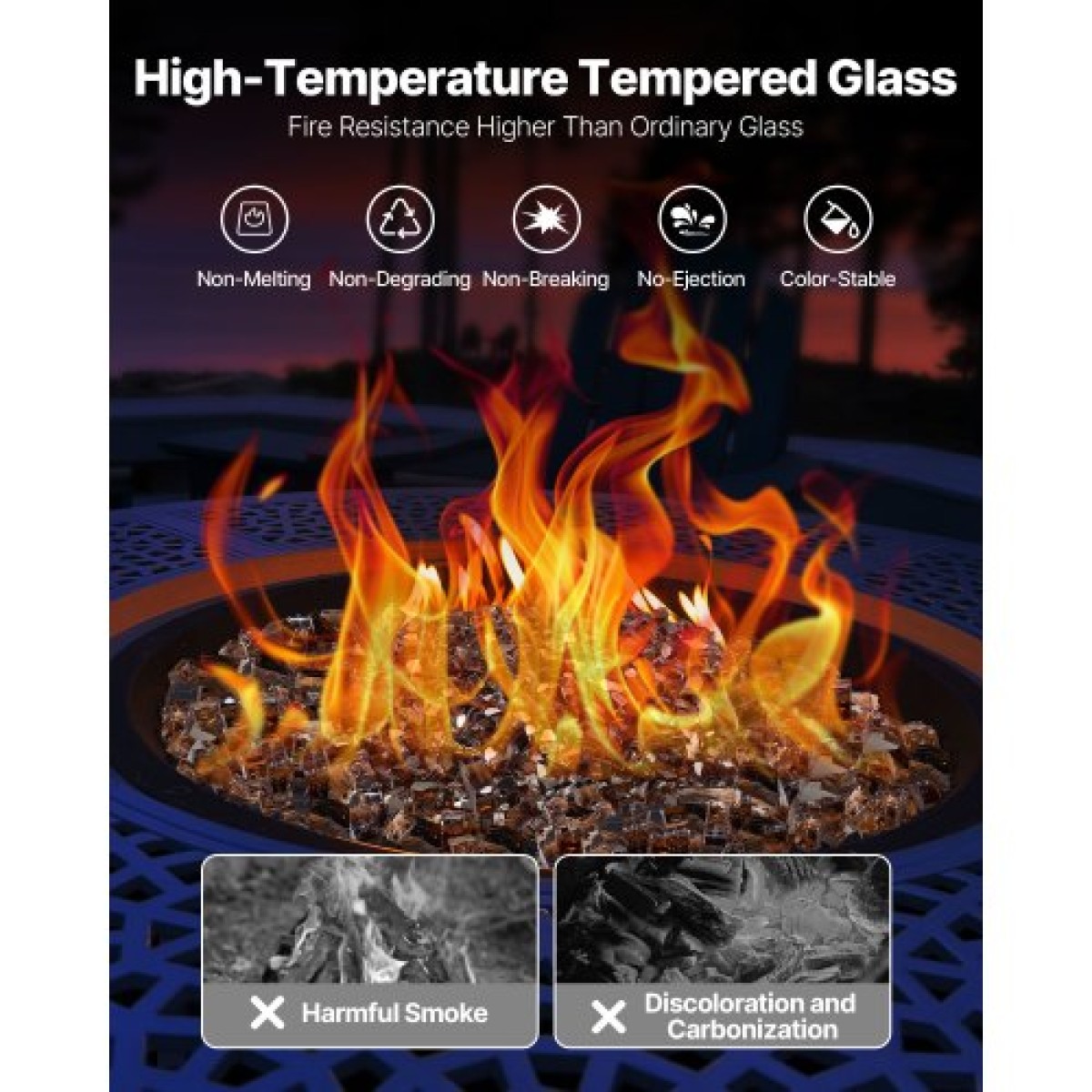 VEVOR Fire Glass, 20 LBS / 9,0 KG Βράχοι τζακιού ανθεκτικοί σε υψηλές θερμοκρασίες, 1/2 ίντσας / 12,7 mm Ανακλαστικός και χωρίς καπνό Firepit Glass Rock, High Luster Stone Landscaping for Fire Pit Table, Copper