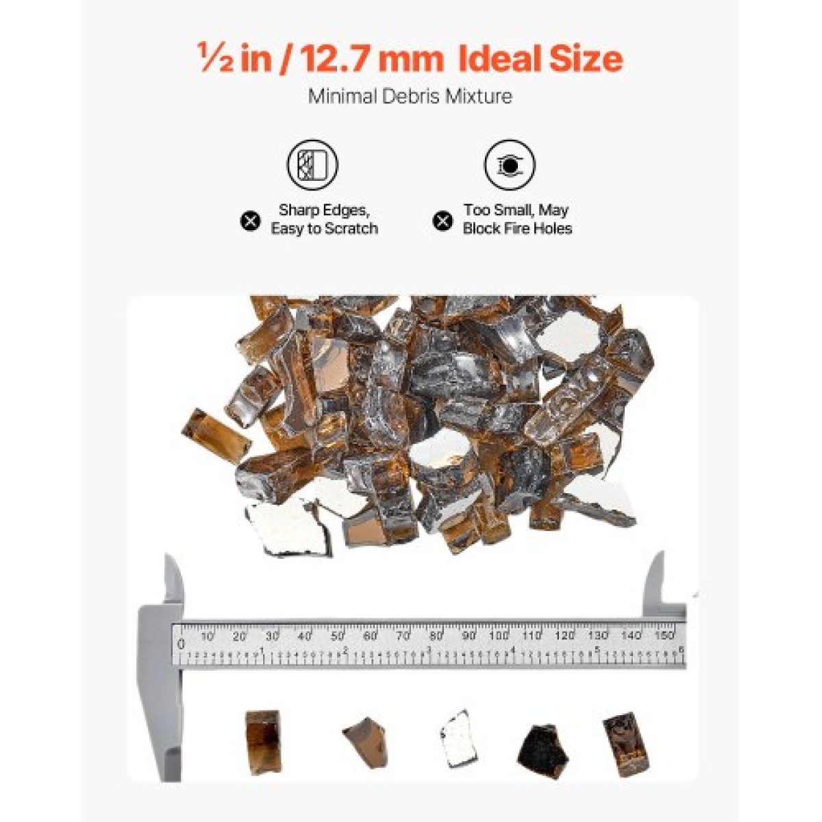 VEVOR Fire Glass, 20 LBS / 9,0 KG Βράχοι τζακιού ανθεκτικοί σε υψηλές θερμοκρασίες, 1/2 ίντσας / 12,7 mm Ανακλαστικός και χωρίς καπνό Firepit Glass Rock, High Luster Stone Landscaping for Fire Pit Table, Copper