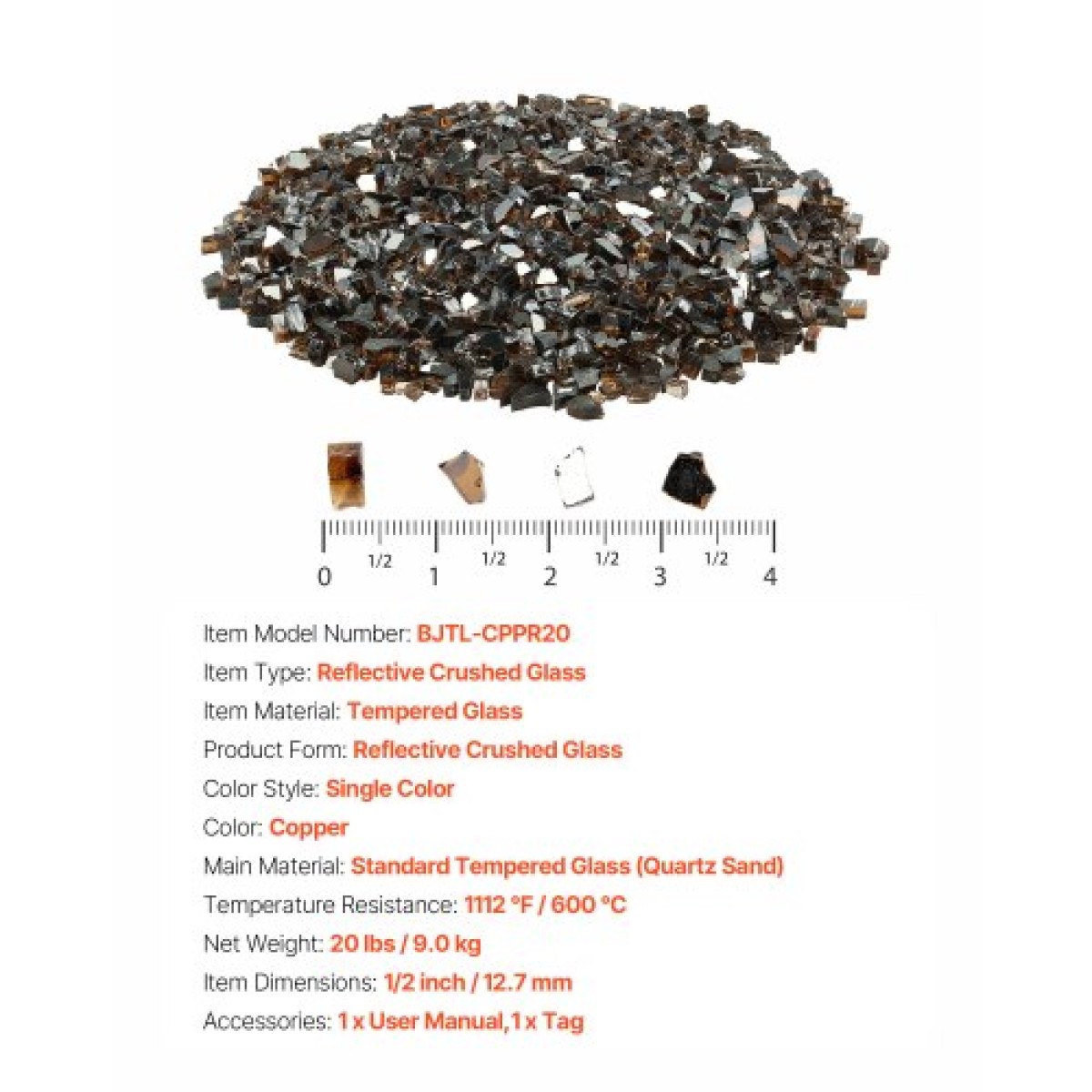 VEVOR Fire Glass, 20 LBS / 9,0 KG Βράχοι τζακιού ανθεκτικοί σε υψηλές θερμοκρασίες, 1/2 ίντσας / 12,7 mm Ανακλαστικός και χωρίς καπνό Firepit Glass Rock, High Luster Stone Landscaping for Fire Pit Table, Copper