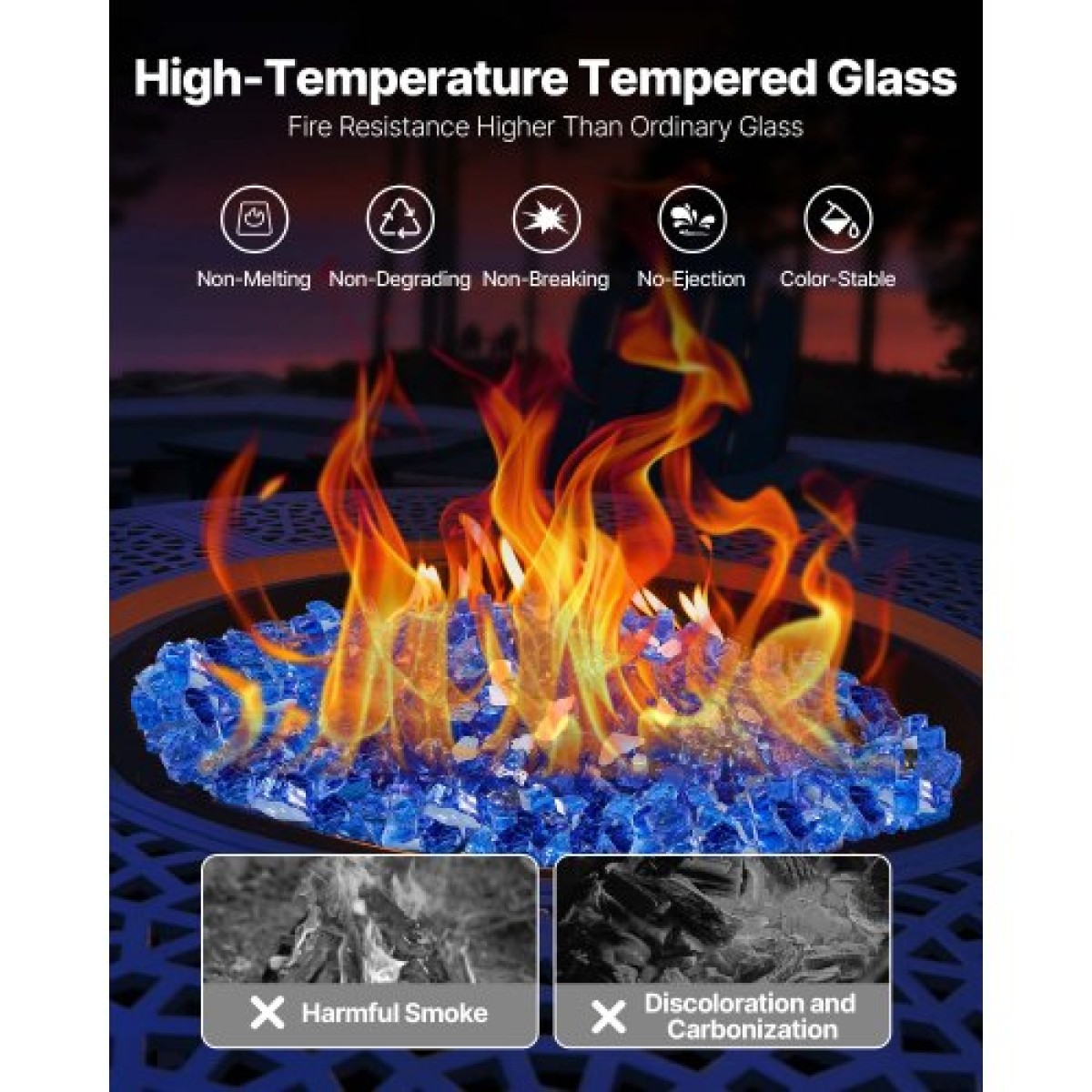 VEVOR Fire Glass, 35LBS / 15,88KG Βράχοι τζακιού ανθεκτικοί σε υψηλές θερμοκρασίες, 1/2 ίντσας / 12,7mm Reflective & Smokeless Firepit Glass Rock, High Luster Stone Landscaping for Fire Pit Table, Cobalt Blue