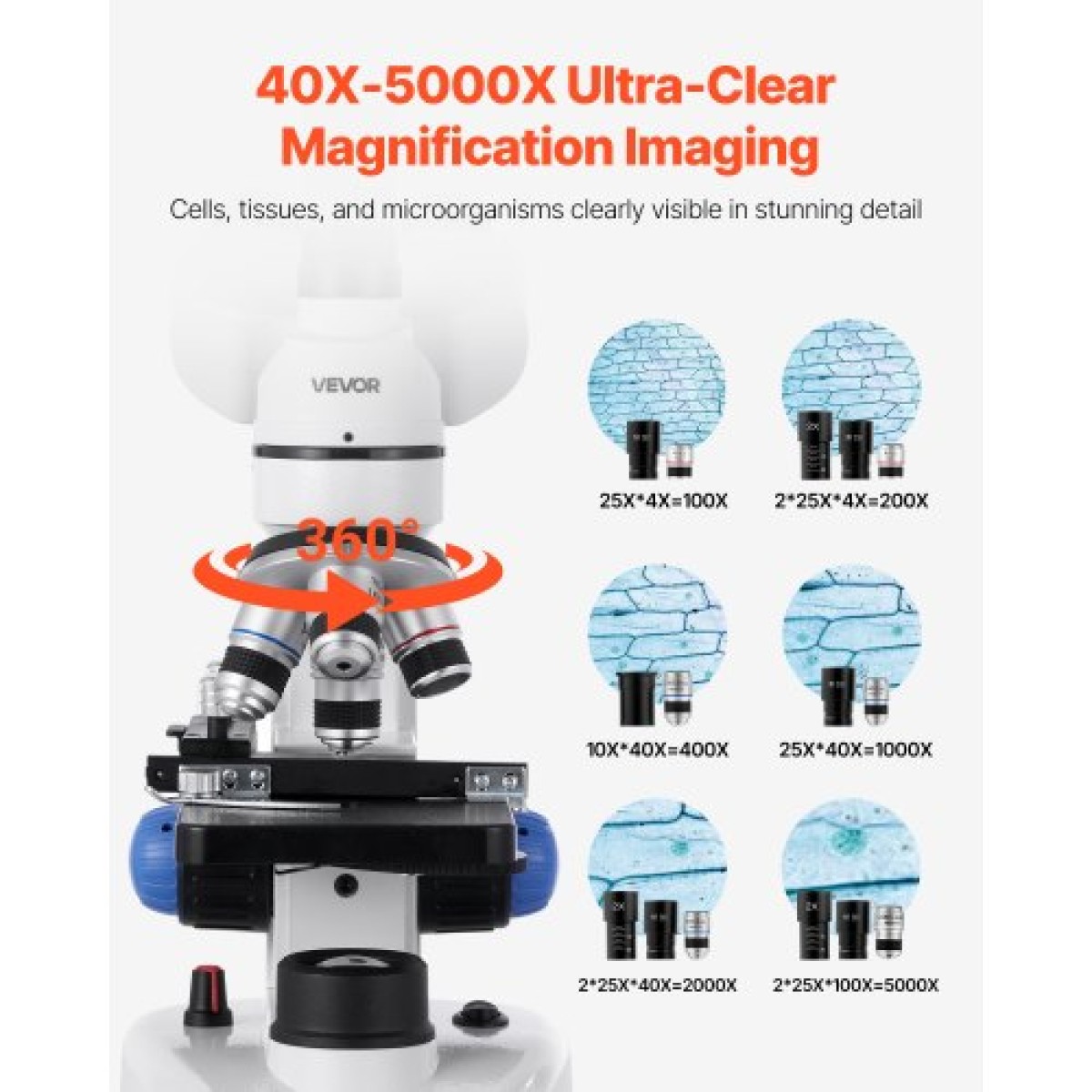 VEVOR Trinocular Microscope for Adult, Professional Compound Microscope Kit με μεγέθυνση 40-5000X, Σώμα από κράμα αλουμινίου, Περιλαμβάνει φως LED και βάση τηλεφώνου, για εργαστήριο, σχολείο, σπίτι, εκπαίδευση