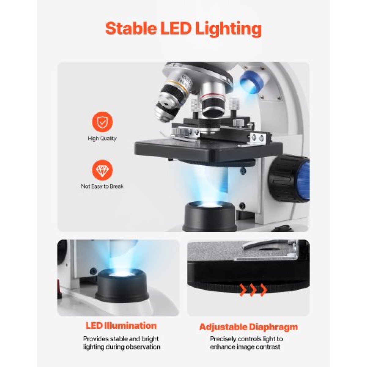 VEVOR Trinocular Microscope for Adult, Professional Compound Microscope Kit με μεγέθυνση 40-5000X, Σώμα από κράμα αλουμινίου, Περιλαμβάνει φως LED και βάση τηλεφώνου, για εργαστήριο, σχολείο, σπίτι, εκπαίδευση