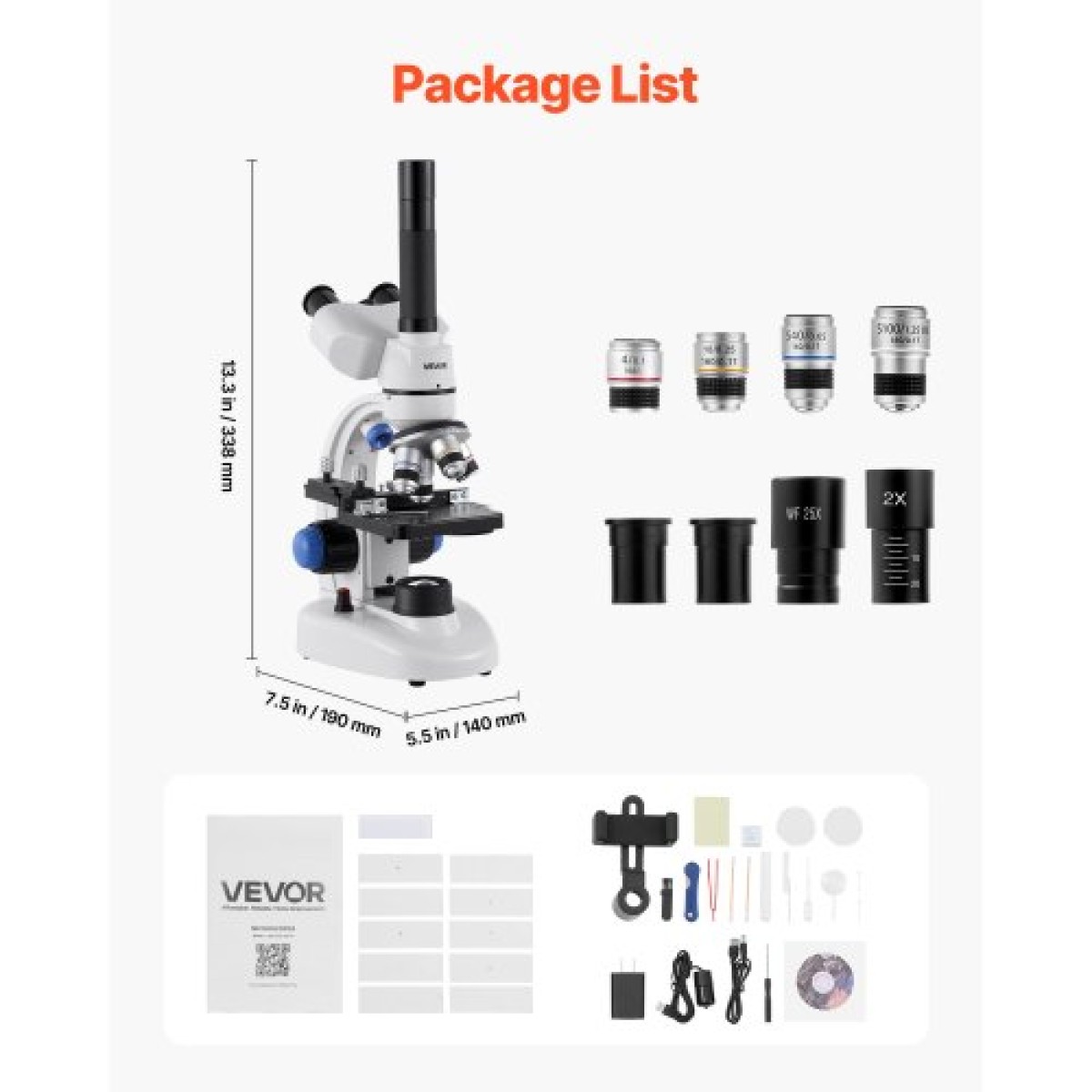 VEVOR Trinocular Microscope for Adult, Professional Compound Microscope Kit με μεγέθυνση 40-5000X, Σώμα από κράμα αλουμινίου, Περιλαμβάνει φως LED και βάση τηλεφώνου, για εργαστήριο, σχολείο, σπίτι, εκπαίδευση