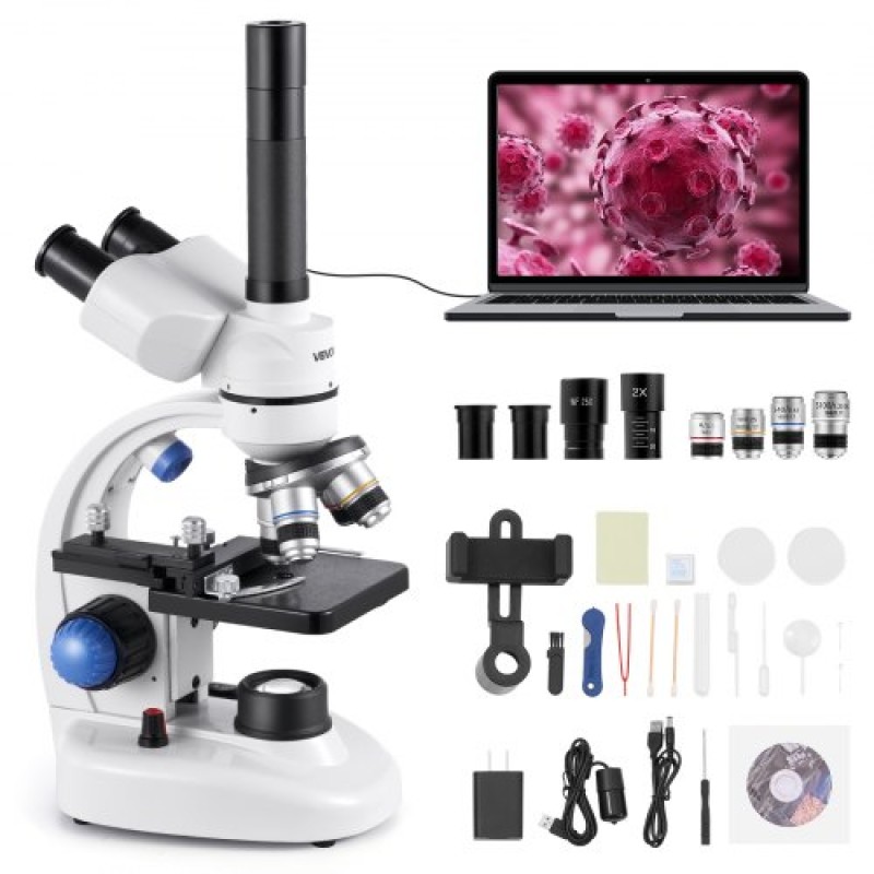 VEVOR Trinocular Microscope for Adult, Professional Compound Microscope Kit με μεγέθυνση 40-5000X, Σώμα από κράμα αλουμινίου, Περιλαμβάνει φως LED και βάση τηλεφώνου, για εργαστήριο, σχολείο, σπίτι, εκπαίδευση