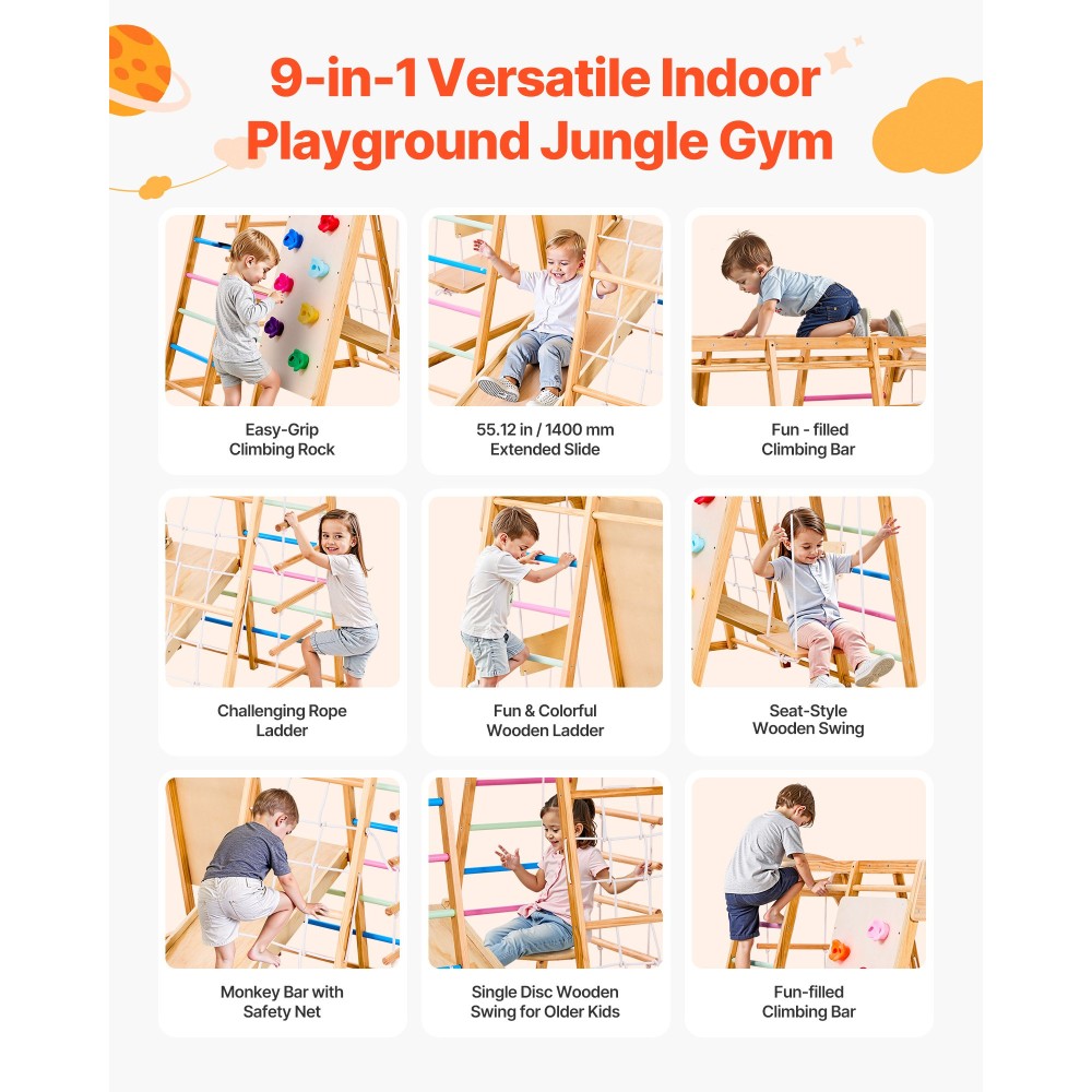 VEVOR Εσωτερική παιδική χαρά Jungle Gym, 9-σε-1 Montessori Climbing Toys for νήπια, 113 KG Ξύλινο Playground Playground με Monkey Bar, κούνιες, τσουλήθρα, σχοινί / ξύλινη σκάλα, δίχτυ αναρρίχησης, μπαρ & βράχος