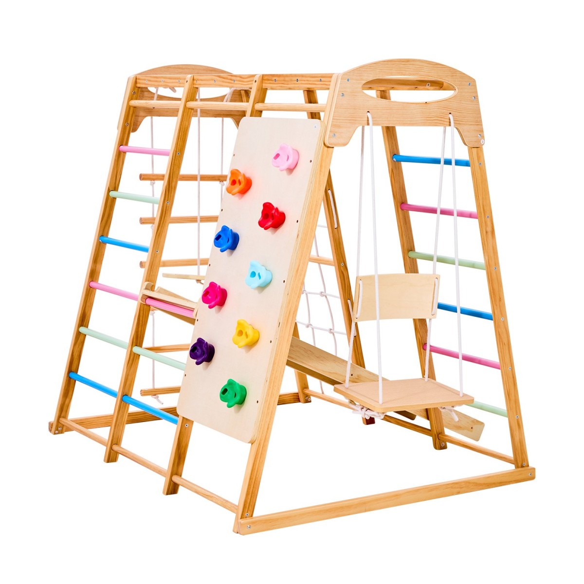 VEVOR Εσωτερική παιδική χαρά Jungle Gym, 9-σε-1 Montessori Climbing Toys for νήπια, 113 KG Ξύλινο Playground Playground με Monkey Bar, κούνιες, τσουλήθρα, σχοινί / ξύλινη σκάλα, δίχτυ αναρρίχησης, μπαρ & βράχος