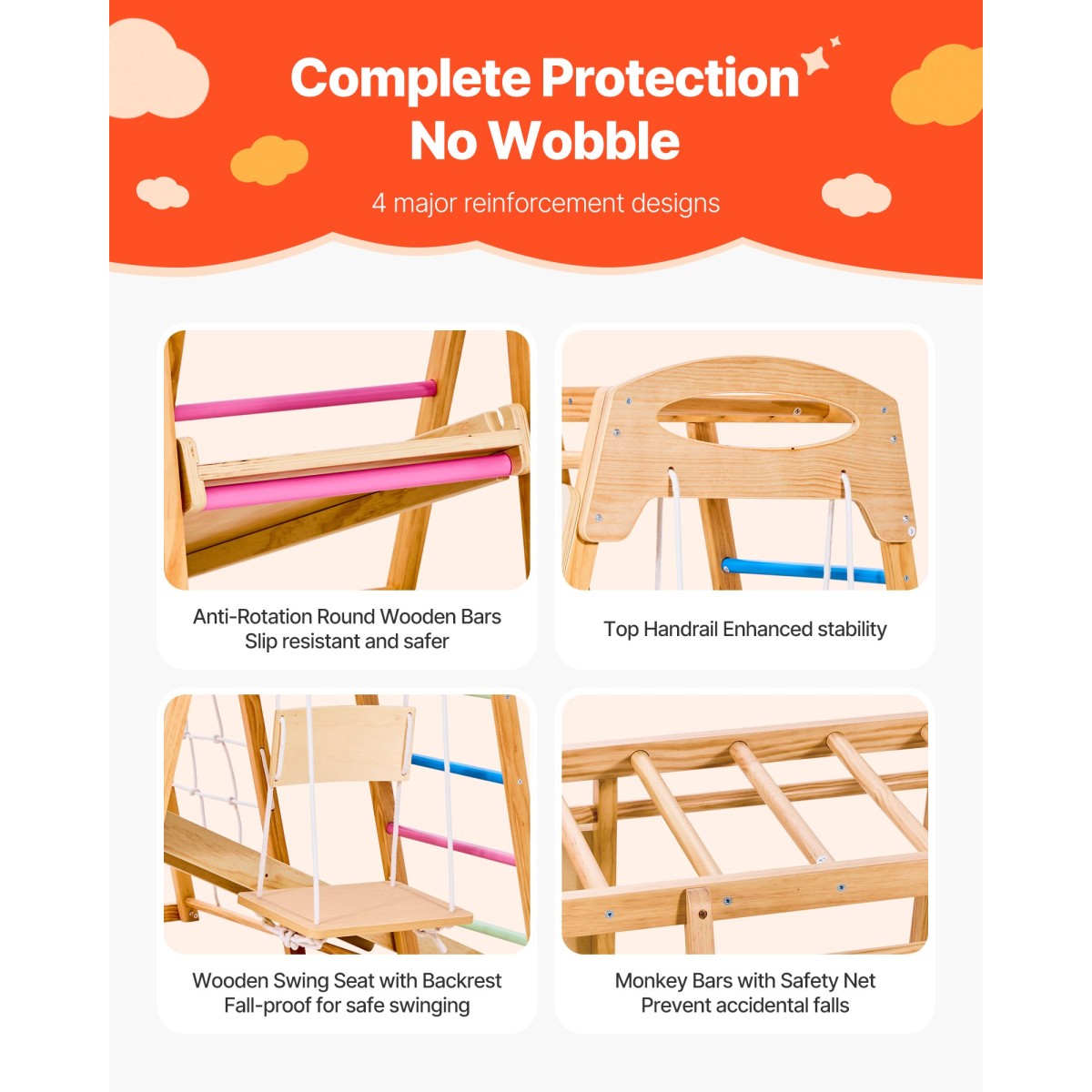 VEVOR Εσωτερική παιδική χαρά Jungle Gym, 9-σε-1 Montessori Climbing Toys for νήπια, 113 KG Ξύλινο Playground Playground με Monkey Bar, κούνιες, τσουλήθρα, σχοινί / ξύλινη σκάλα, δίχτυ αναρρίχησης, μπαρ & βράχος