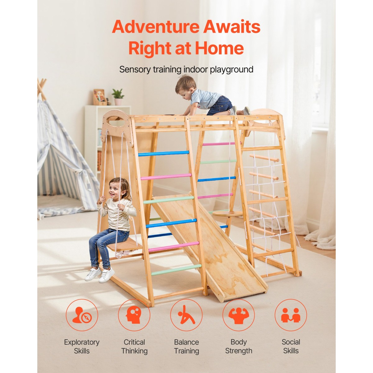 VEVOR Εσωτερική παιδική χαρά Jungle Gym, 9-σε-1 Montessori Climbing Toys for νήπια, 113 KG Ξύλινο Playground Playground με Monkey Bar, κούνιες, τσουλήθρα, σχοινί / ξύλινη σκάλα, δίχτυ αναρρίχησης, μπαρ & βράχος