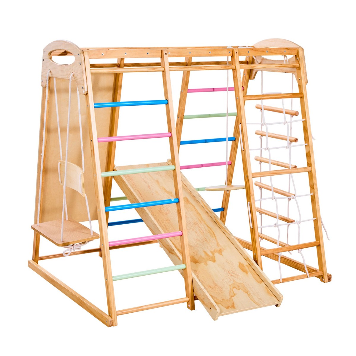 VEVOR Εσωτερική παιδική χαρά Jungle Gym, 9-σε-1 Montessori Climbing Toys for νήπια, 113 KG Ξύλινο Playground Playground με Monkey Bar, κούνιες, τσουλήθρα, σχοινί / ξύλινη σκάλα, δίχτυ αναρρίχησης, μπαρ & βράχος