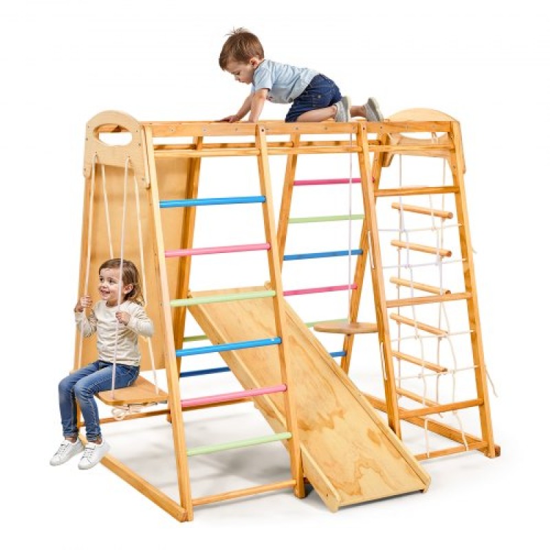 VEVOR Εσωτερική παιδική χαρά Jungle Gym, 9-σε-1 Montessori Climbing Toys for νήπια, 113 KG Ξύλινο Playground Playground με Monkey Bar, κούνιες, τσουλήθρα, σχοινί / ξύλινη σκάλα, δίχτυ αναρρίχησης, μπαρ & βράχος