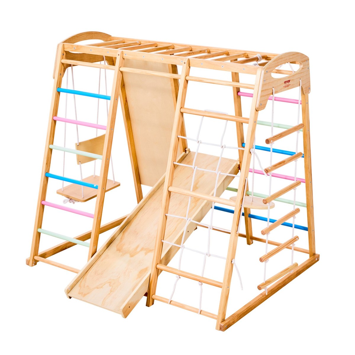 VEVOR Εσωτερική παιδική χαρά Jungle Gym, 9-σε-1 Montessori Climbing Toys for νήπια, 113 KG Ξύλινο Playground Playground με Monkey Bar, κούνιες, τσουλήθρα, σχοινί / ξύλινη σκάλα, δίχτυ αναρρίχησης, μπαρ & βράχος
