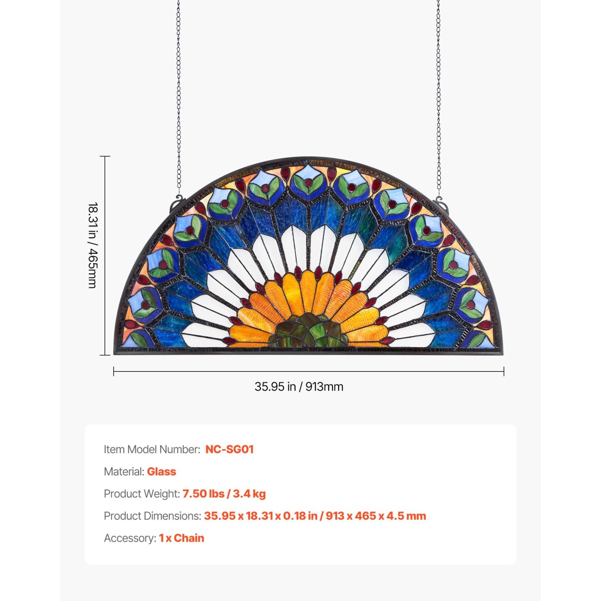 Πάνελ παραθύρου από βιτρό VEVOR, 913 x 465 χλστ., Κρεμαστό παράθυρο τραβέρσας τύπου Tiffany με αλυσίδα, μεγάλη κρεμάστρα με μισό στρογγυλό γυαλί, vintage χειροτεχνίες παραδοσιακής τέχνης για διακόσμηση σπιτιού κουζίνας