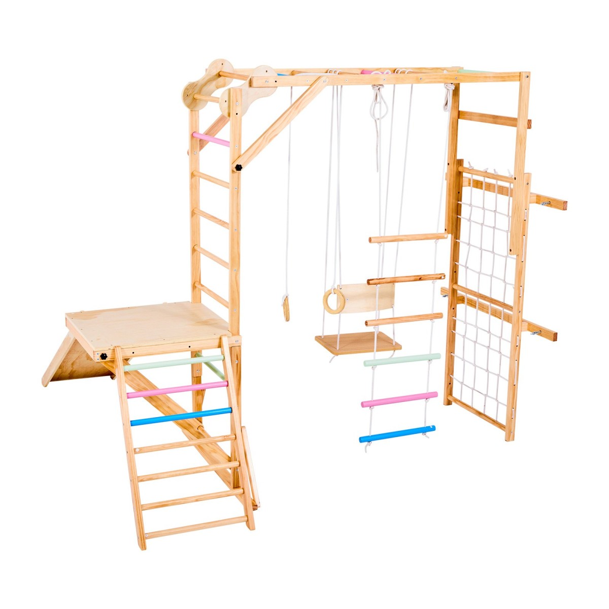 VEVOR Εσωτερική Παιδική Χαρά Jungle Gym, 8 σε 1 Ξύλινη Εσωτερική Παιδική Χαρά Playset, 100 KG Loading Montessori Climbing Toys with Swing, Slide, Monkey Bar, Gym Rings, Ξύλινη / Σχοινιά Σκάλα, Δίχτυ & Μπαρ αναρρίχησης