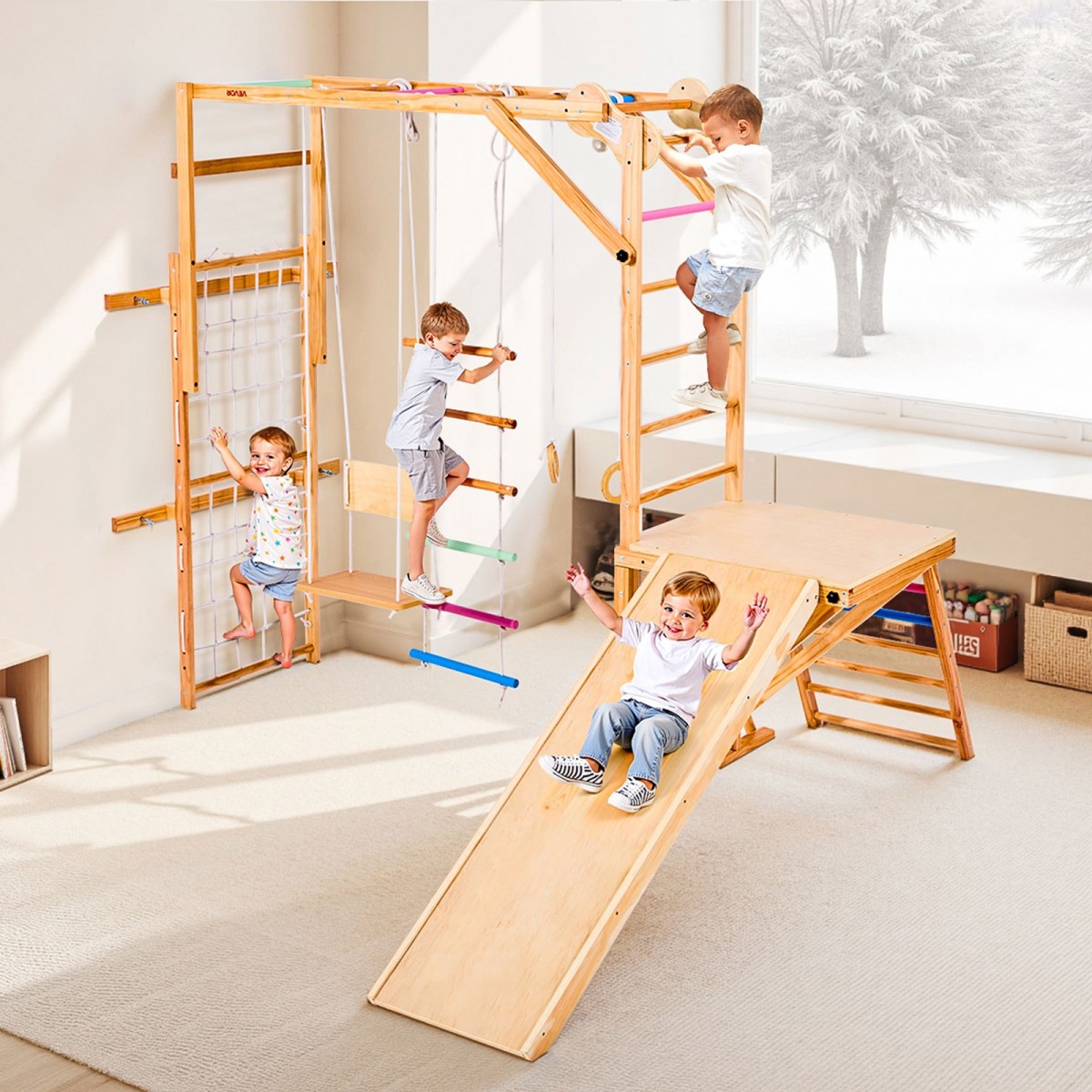 VEVOR Εσωτερική Παιδική Χαρά Jungle Gym, 8 σε 1 Ξύλινη Εσωτερική Παιδική Χαρά Playset, 100 KG Loading Montessori Climbing Toys with Swing, Slide, Monkey Bar, Gym Rings, Ξύλινη / Σχοινιά Σκάλα, Δίχτυ & Μπαρ αναρρίχησης