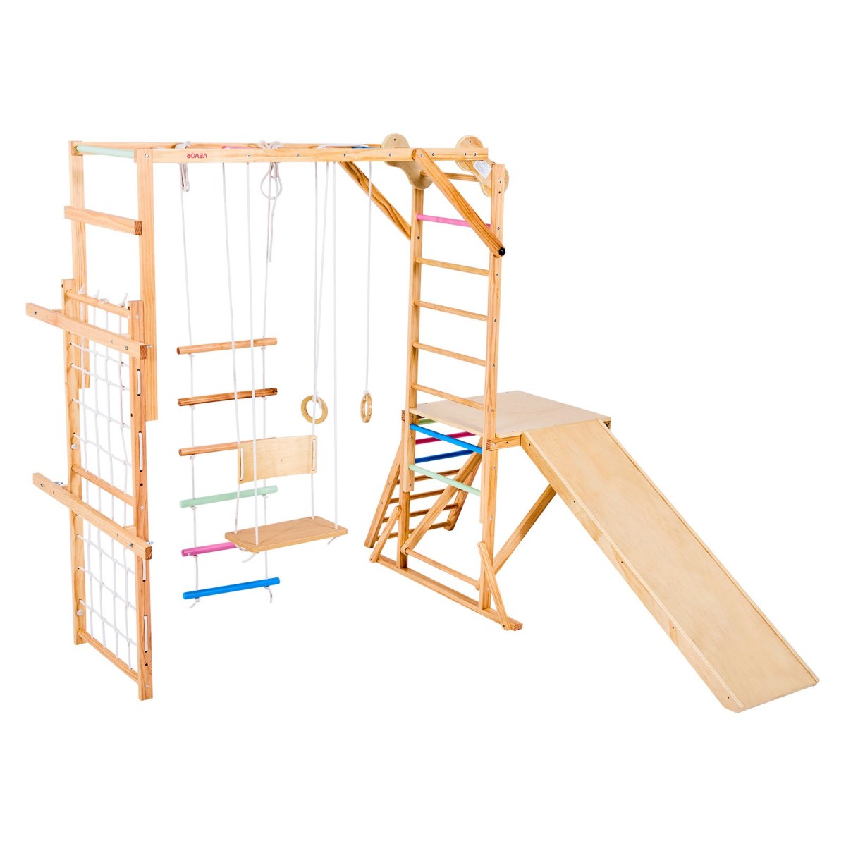 VEVOR Εσωτερική Παιδική Χαρά Jungle Gym, 8 σε 1 Ξύλινη Εσωτερική Παιδική Χαρά Playset, 100 KG Loading Montessori Climbing Toys with Swing, Slide, Monkey Bar, Gym Rings, Ξύλινη / Σχοινιά Σκάλα, Δίχτυ & Μπαρ αναρρίχησης
