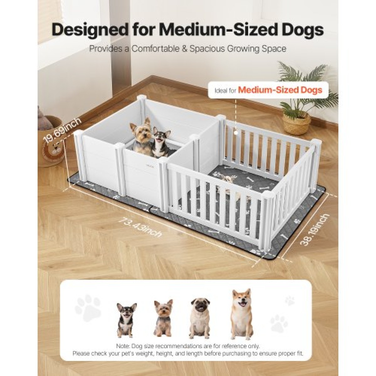 VEVOR Dog Whelping Box, 1,86x0,97x0,5 m, Πλαστικό στυλό για σκύλους με ρυθμιζόμενο ύψος πόρτας, παρκοκρέβατο κουταβιών με αδιάβροχο μαξιλάρι κατούρησης, εύκολο στο καθάρισμα, ανθεκτικό σετ γέννησης κατοικίδιων εσωτερικού χώρου για σκύλους μεσαίου μεγέθους